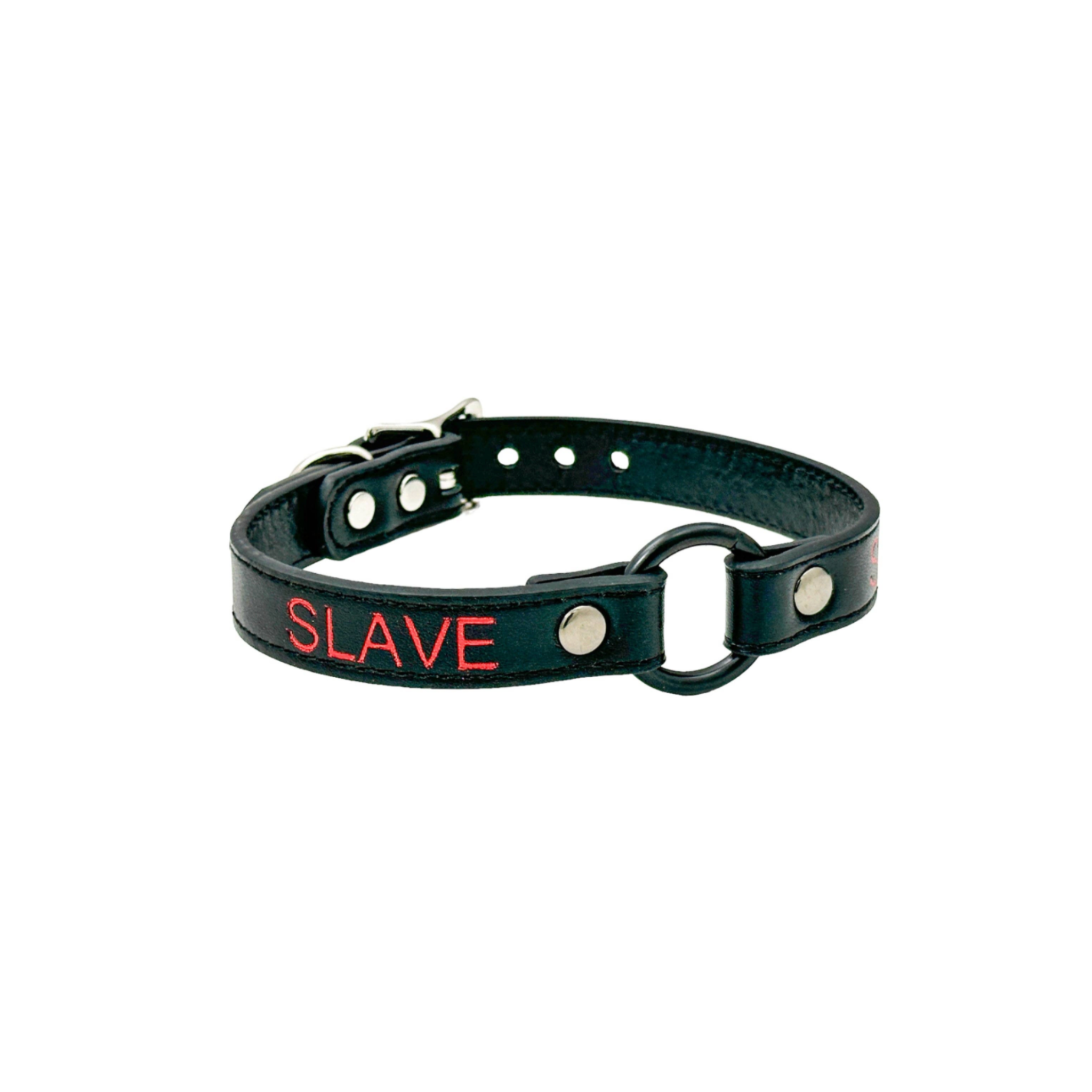 red printed name vegan leather choker black o-ring gothic punk collar adjustable cruelty-free fetish fashion accessory
