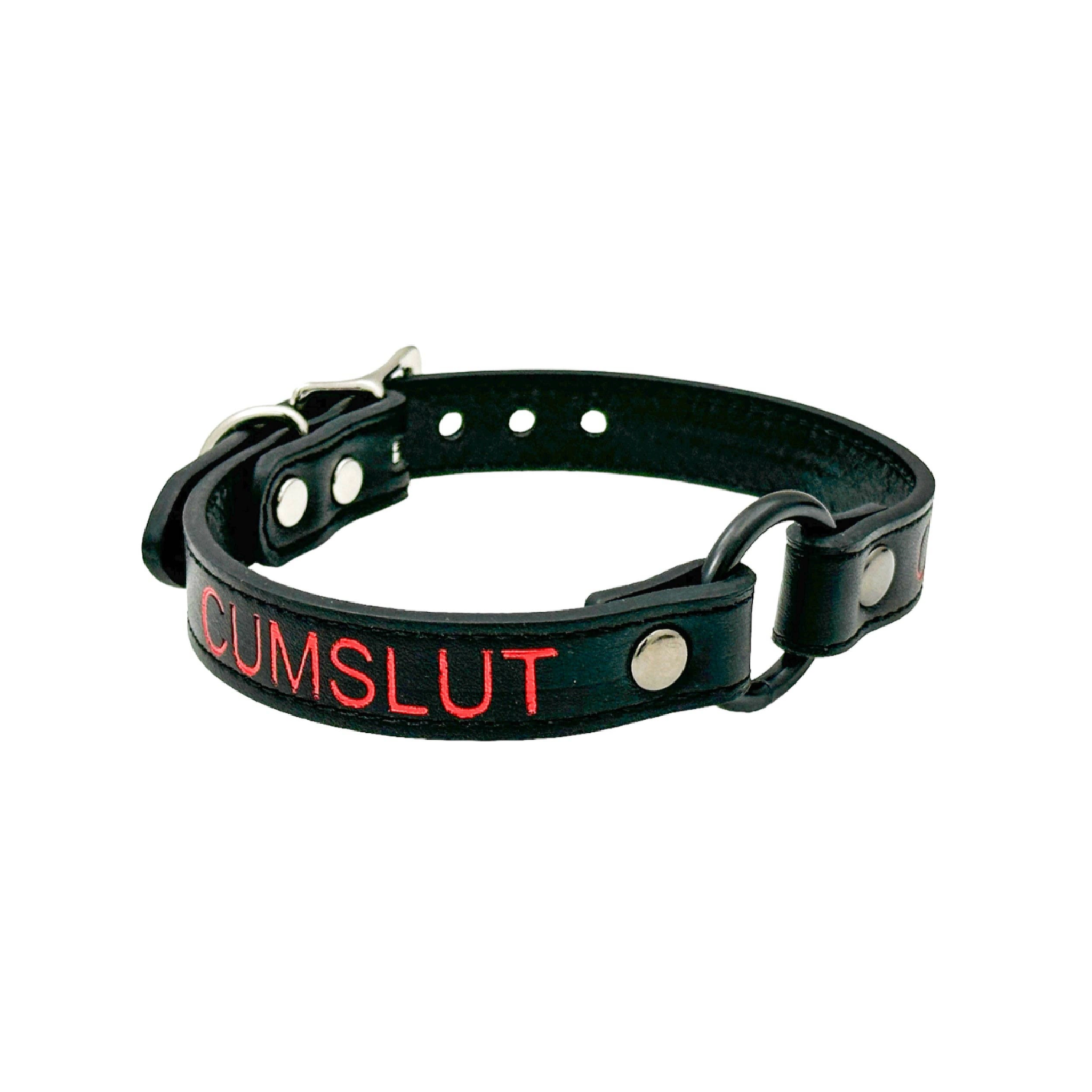 red printed name vegan leather choker black o-ring gothic punk collar adjustable cruelty-free fetish fashion accessory