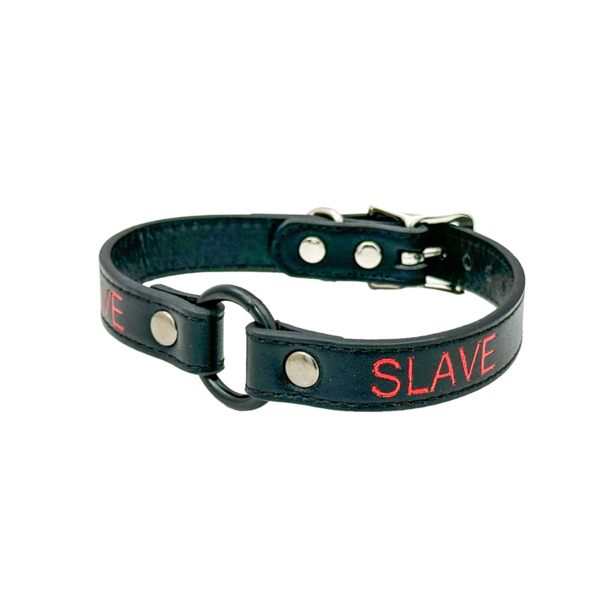 red printed name vegan leather choker black o-ring gothic punk collar adjustable cruelty-free fetish fashion accessory