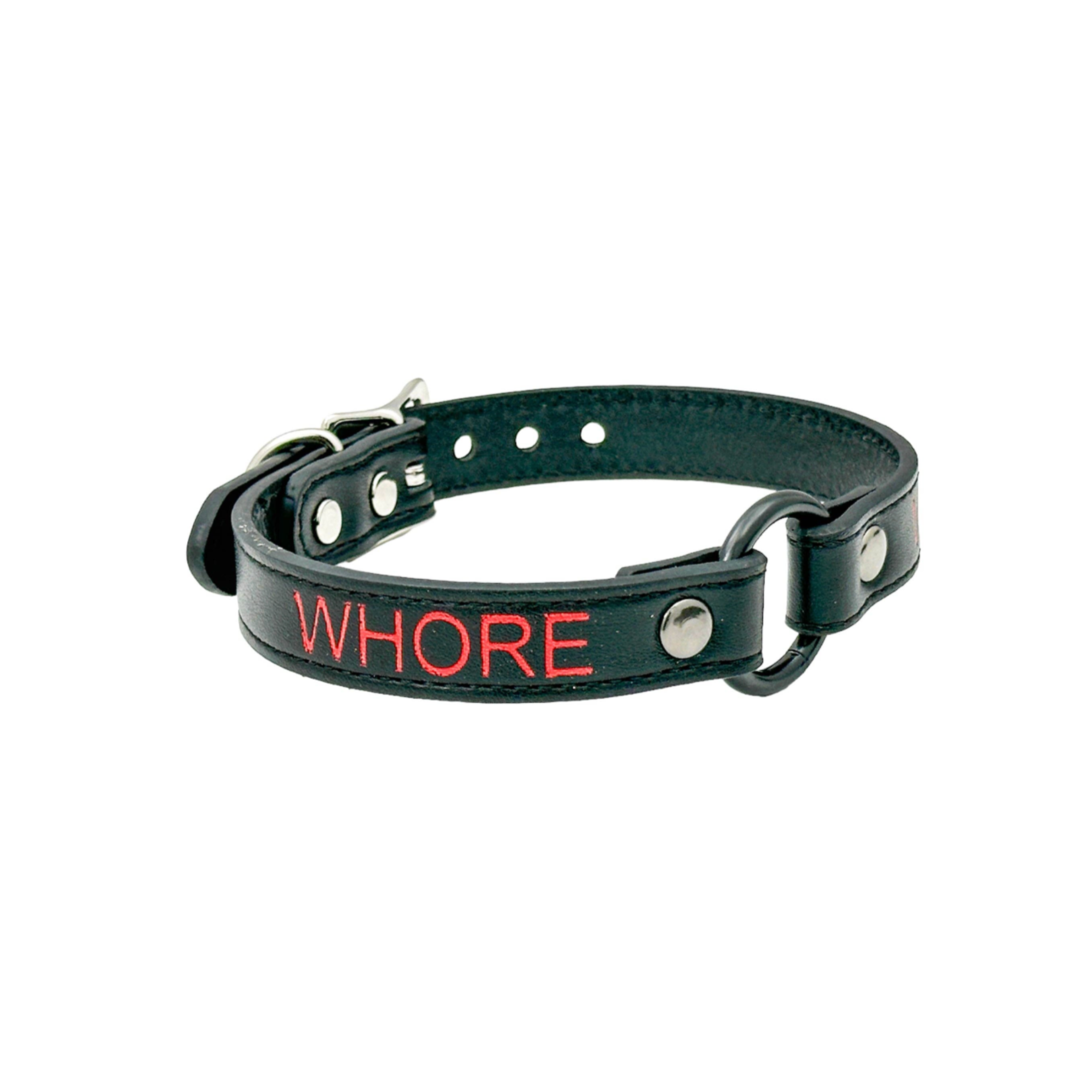red printed name vegan leather choker black o-ring gothic punk collar adjustable cruelty-free fetish fashion accessory