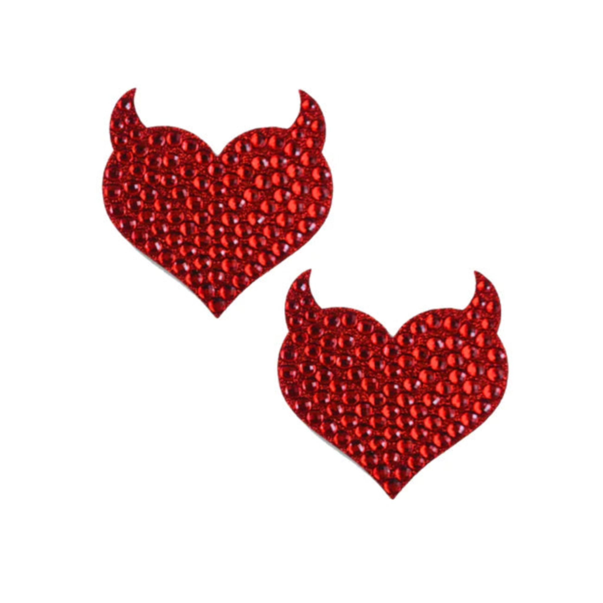 Red rhinestone devil heart pasties, latex-free, self-adhesive nipple covers.
