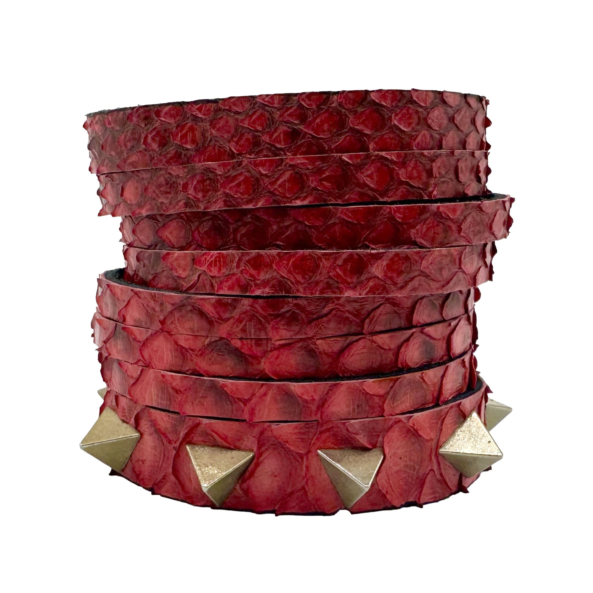 Leather textured-leather accessories arm-gear bracelet cuff wide-cuff animal snake-textured studs studded tetrahedron triangle triangle-studs spike-studs spike spikes spiked rebellion rebellious striking elegant powerful power fierce contrasting fetish-inspired fetish fashion alt-fashion streetwear dark-streetwear unisex red gold