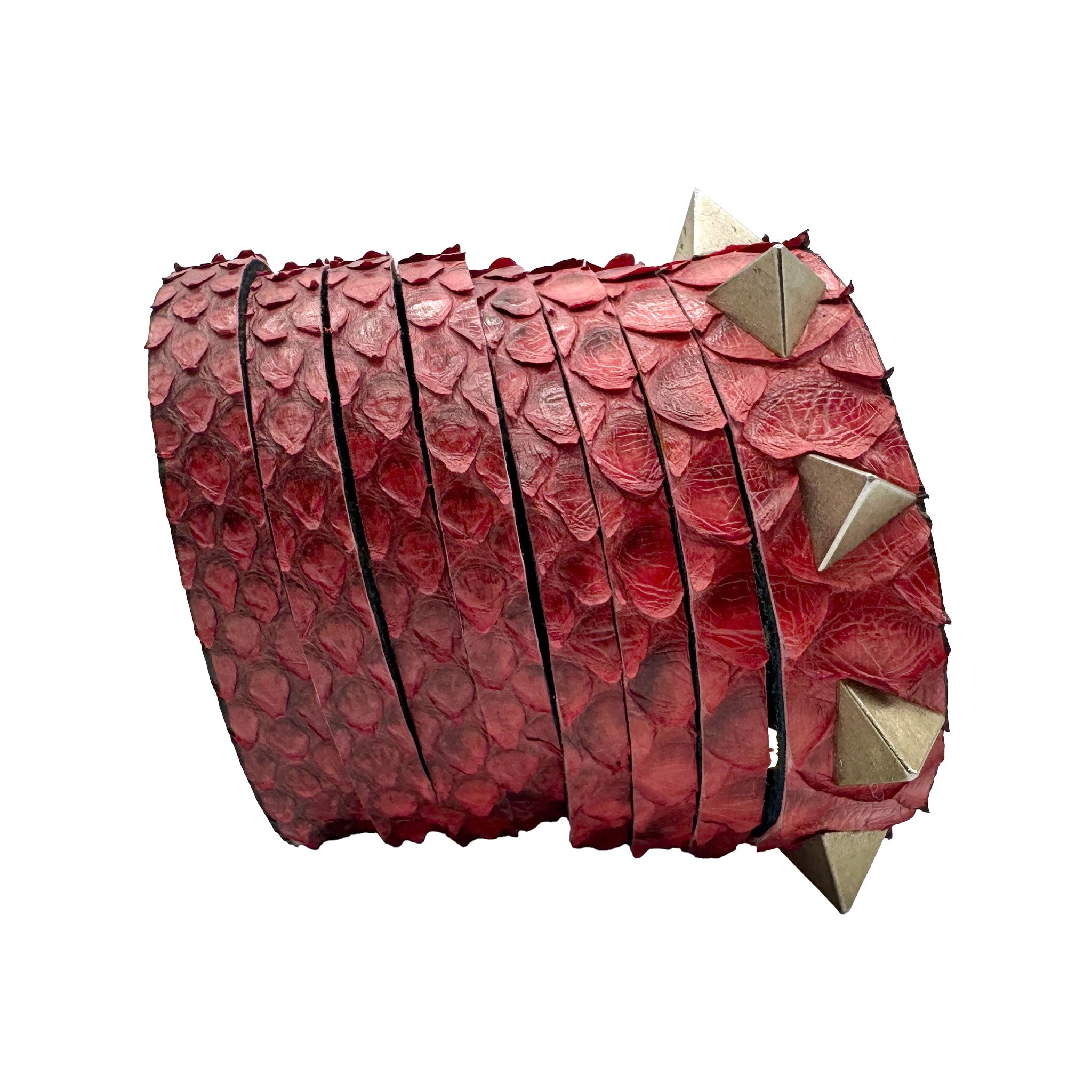 Leather textured-leather accessories arm-gear bracelet cuff wide-cuff animal snake-textured studs studded tetrahedron triangle triangle-studs spike-studs spike spikes spiked rebellion rebellious striking elegant powerful power fierce contrasting fetish-inspired fetish fashion alt-fashion streetwear dark-streetwear unisex red gold