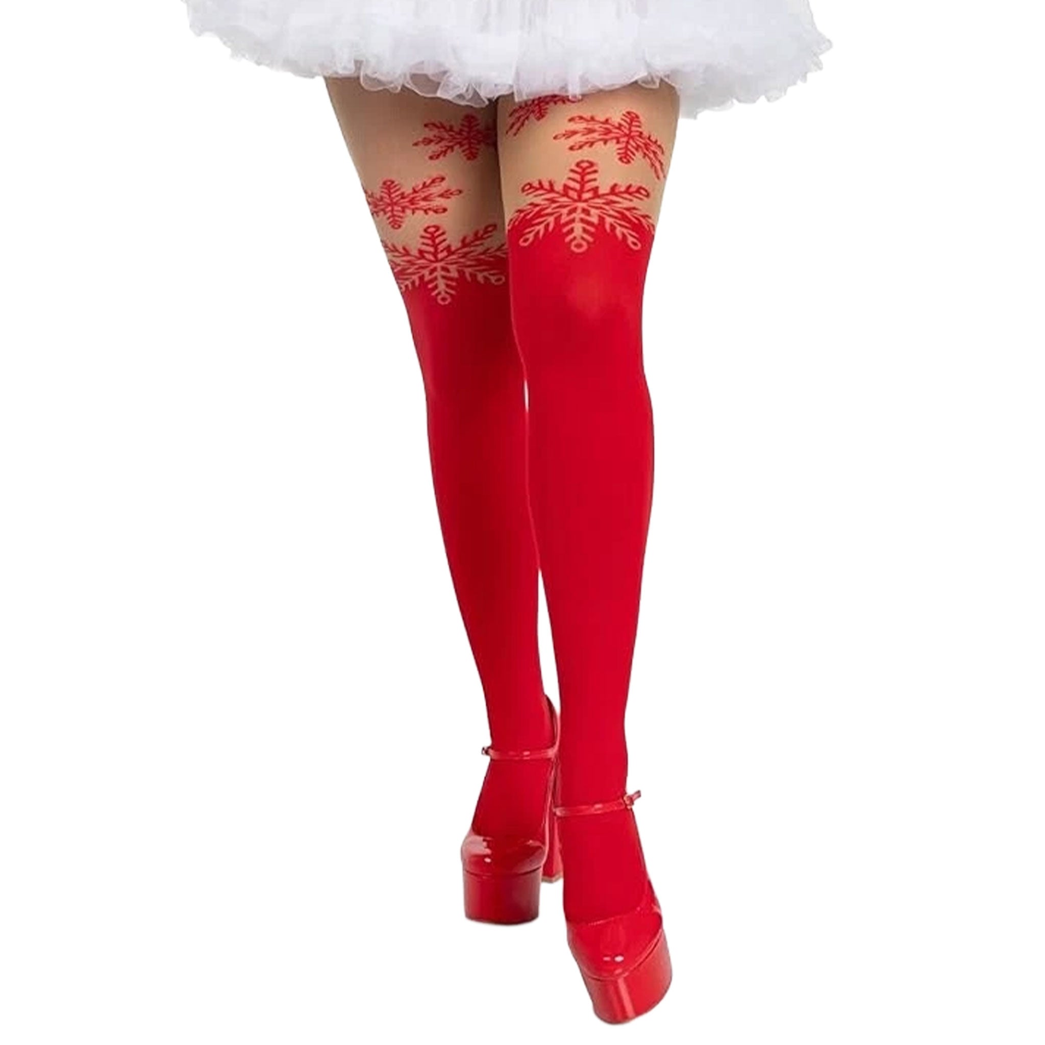 Nylon polyester Spandex opaque sheer accessories intimates hosiery tights pantyhose snowflake stretchy fun festive costume cosplay holiday-lingerie holiday-gifts female femme feminine womens red nude
