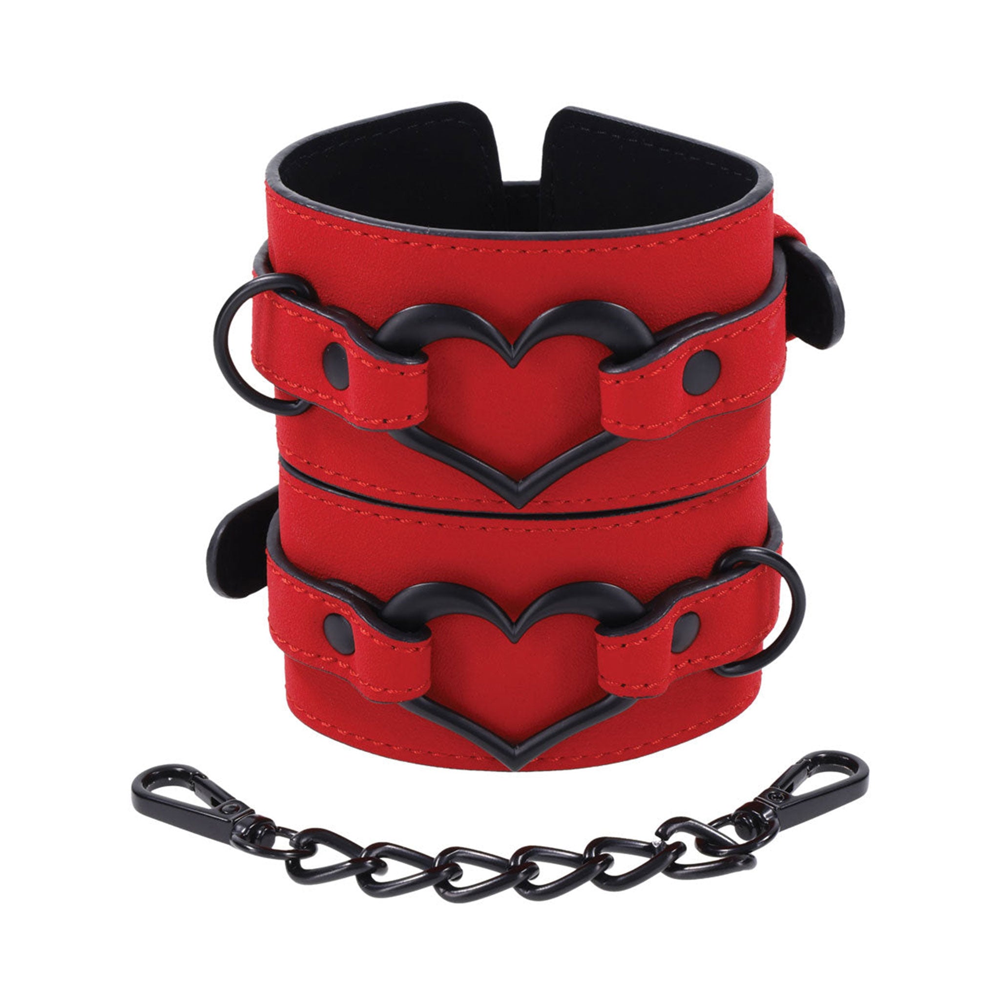 Leather PU-leather vegan-leather restraints wrist wrist-cuffs wrist-restraints heart-accent O-ring heart-shaped dual-layer adjustable buckle spring-clip connecting seductive alluring indulgent electrifying smooth stunning dazzling tempting temptation erotic blissful sumptuous passion fetish fashion alt-fashion bondage bdsm bdsm-toys restraints sub submission submissive kink kinky kinky-play arm-gear adult-toys valentines gifts red black