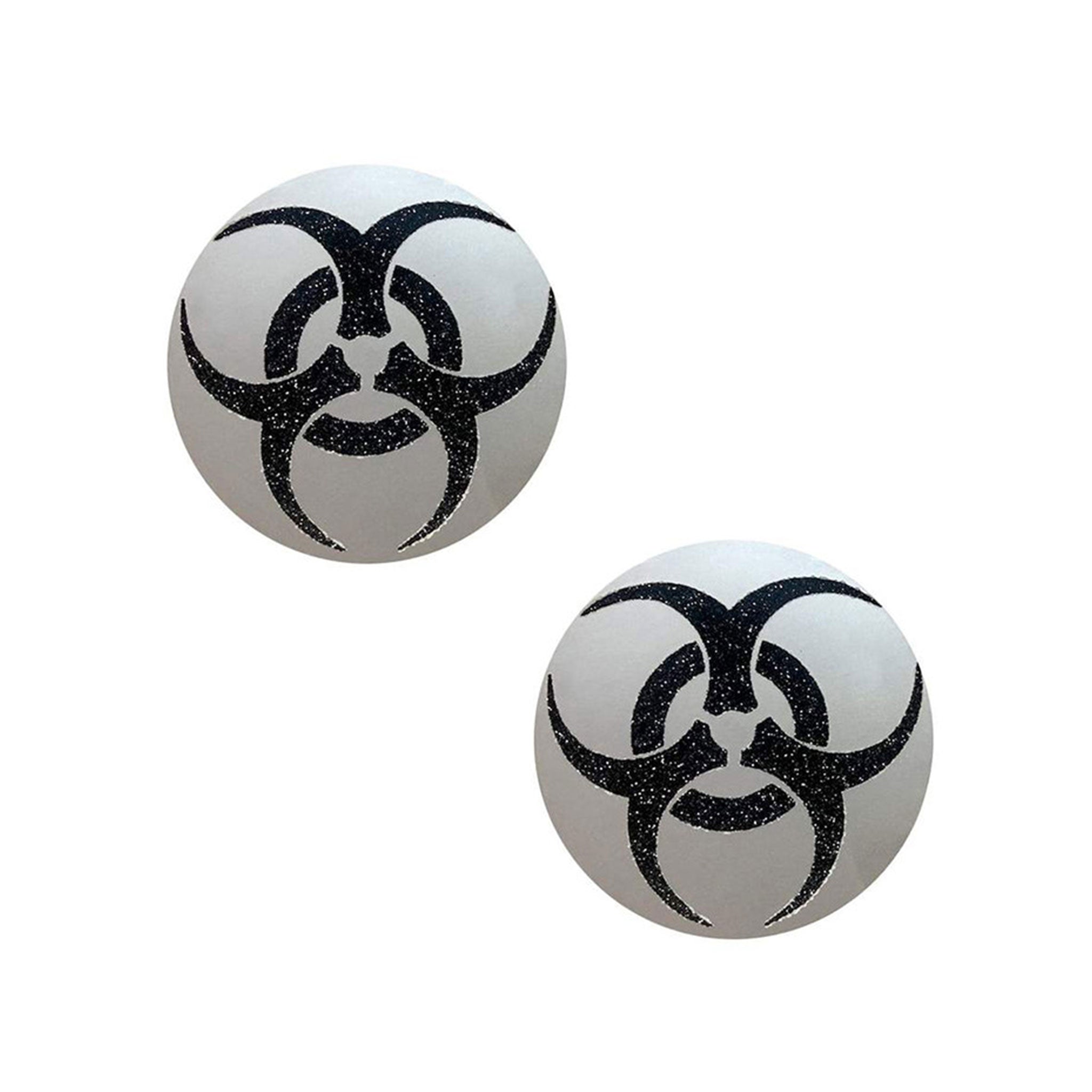 Adhesive medical-grade swimsuit-material hypoallergenic latex-free glitter accessories intimates nipple pastie nipple-pasties nipple-shield nipple-cover breast-cover breast-shields circle disc round symbol icon biohazard bio-hazard toxic poison costume cosplay halloween scifi sci-fi punk cyber cyber-punk cxyberpunk goth gothic cybergoth cyber-goth unisex black silver reflective reflection