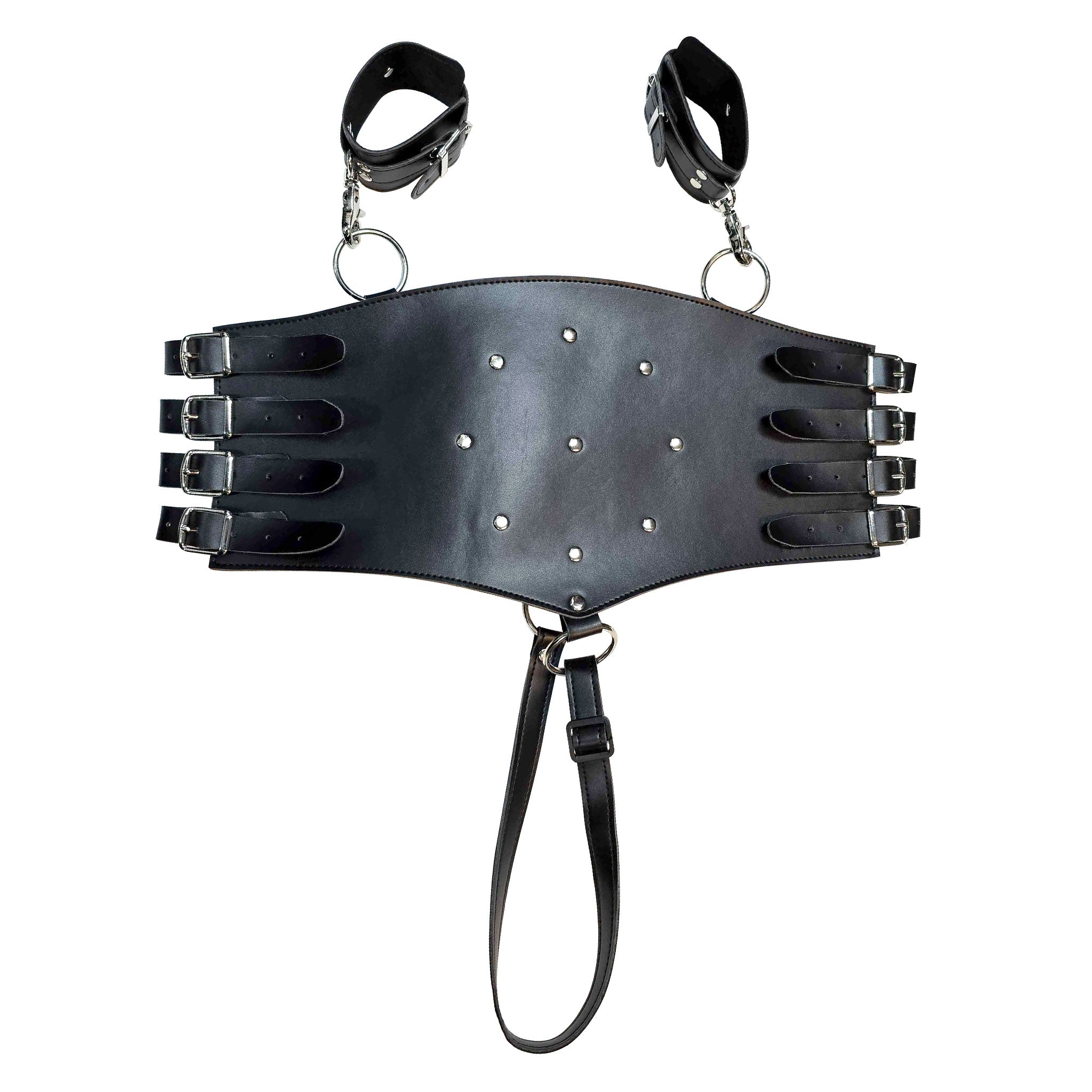 Leather faux-leather vegan-leather restraints corset-restraint binder arm-binder arm-restraint cuffs wrist-cuffs linked adjustable buckle side-buckles dual-straps crotch-strap slide-buckle studded studs stud O-ring trigger-clasp heavy-duty fetish fashion alt-fashion bdsm bdsm-toys bondage sadism masochism severe matte-finish kink kinky kinky-play unisex black