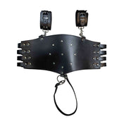 Leather faux-leather vegan-leather restraints corset-restraint binder arm-binder arm-restraint cuffs wrist-cuffs linked adjustable buckle side-buckles dual-straps crotch-strap slide-buckle studded studs stud O-ring trigger-clasp heavy-duty fetish fashion alt-fashion bdsm bdsm-toys bondage sadism masochism severe matte-finish kink kinky kinky-play unisex black
