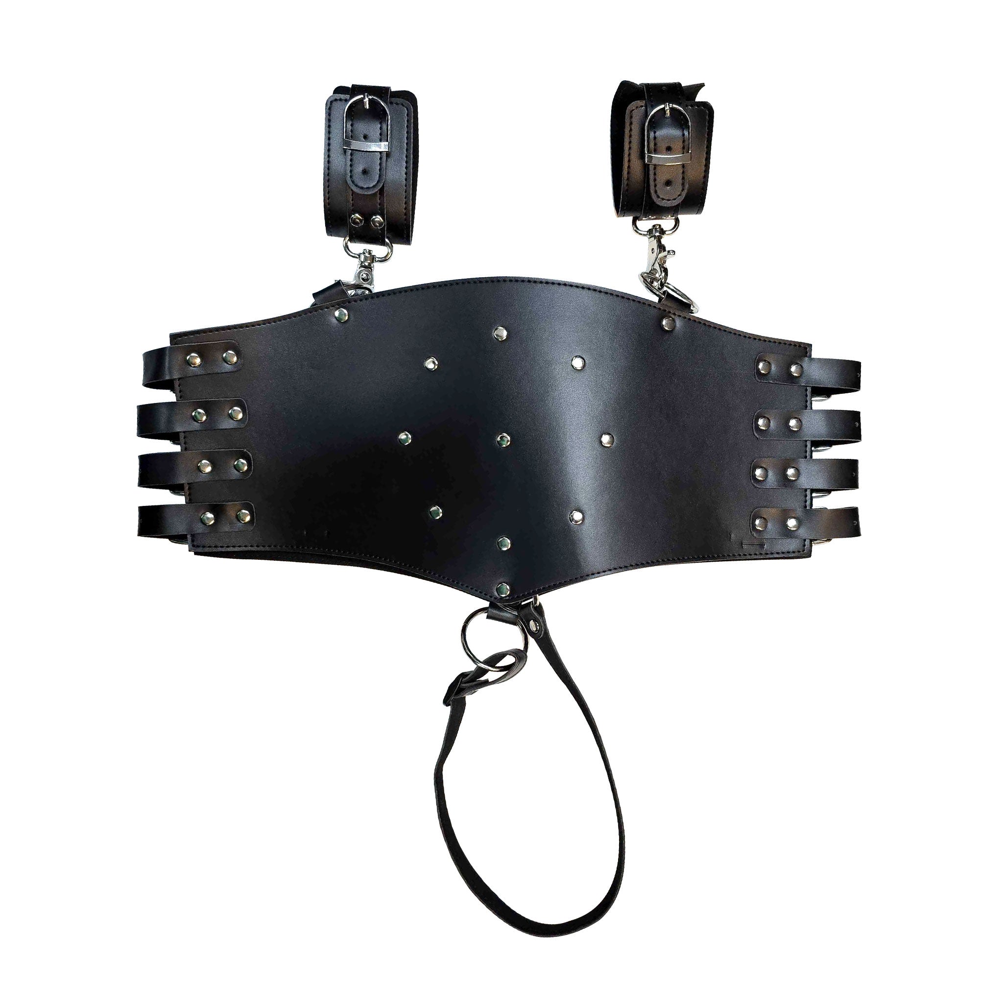 Leather faux-leather vegan-leather restraints corset-restraint binder arm-binder arm-restraint cuffs wrist-cuffs linked adjustable buckle side-buckles dual-straps crotch-strap slide-buckle studded studs stud O-ring trigger-clasp heavy-duty fetish fashion alt-fashion bdsm bdsm-toys bondage sadism masochism severe matte-finish kink kinky kinky-play unisex black
