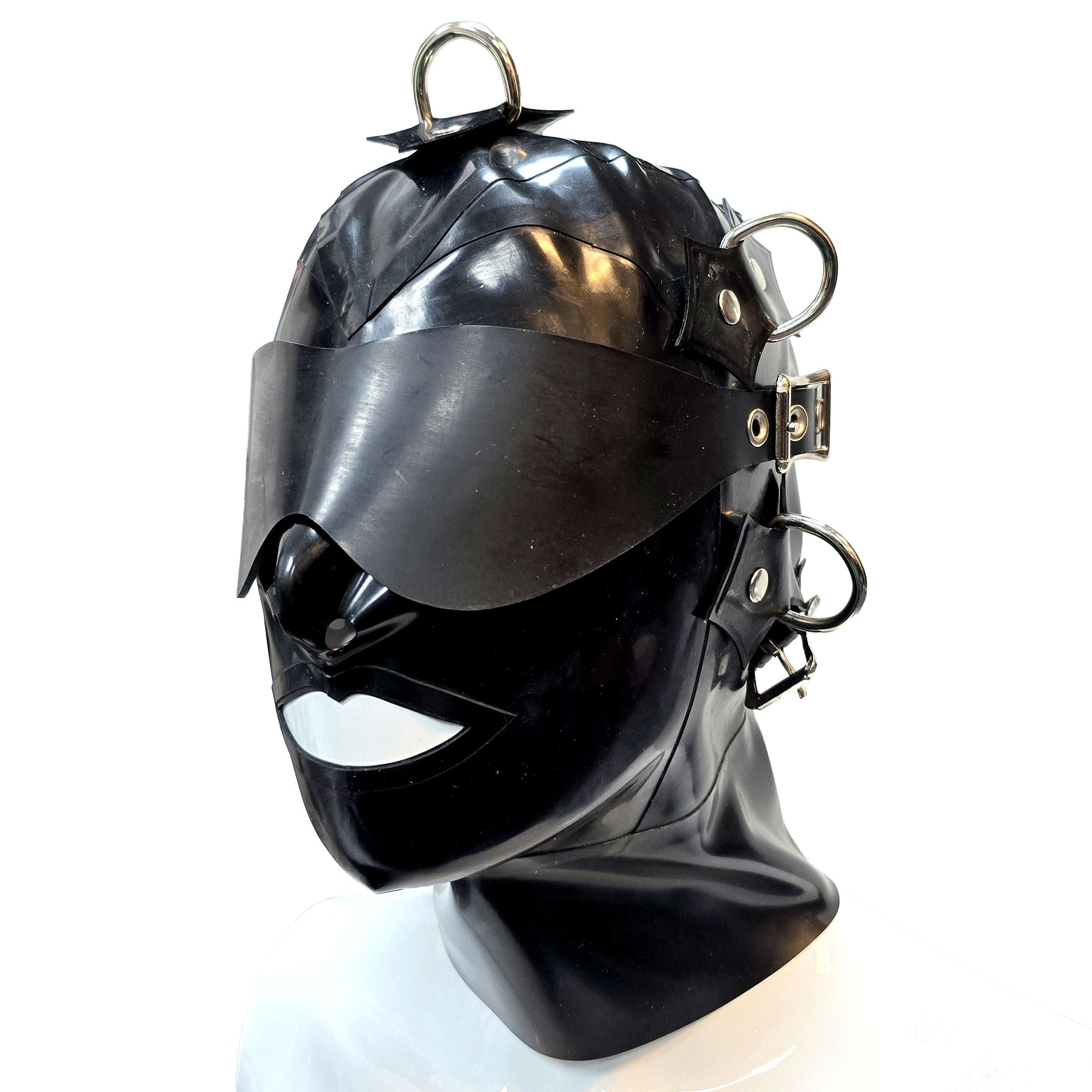 Latex rubber grommets accessories latex-accessories head-gear hood latex-hood mask anatomical blindfold mouth-gag chode-gag D-ring zipper back-zip hair-shield adjustable buckle shiny glossy durable reinforced fetish fashion alt-fashion alternative bondage bdsm bdsm-toys bdsm-gear bdsm-fashion kink kinky kinkwear kinky-play sensory-play sensory-deprivation costume cosplay halloween unisex black