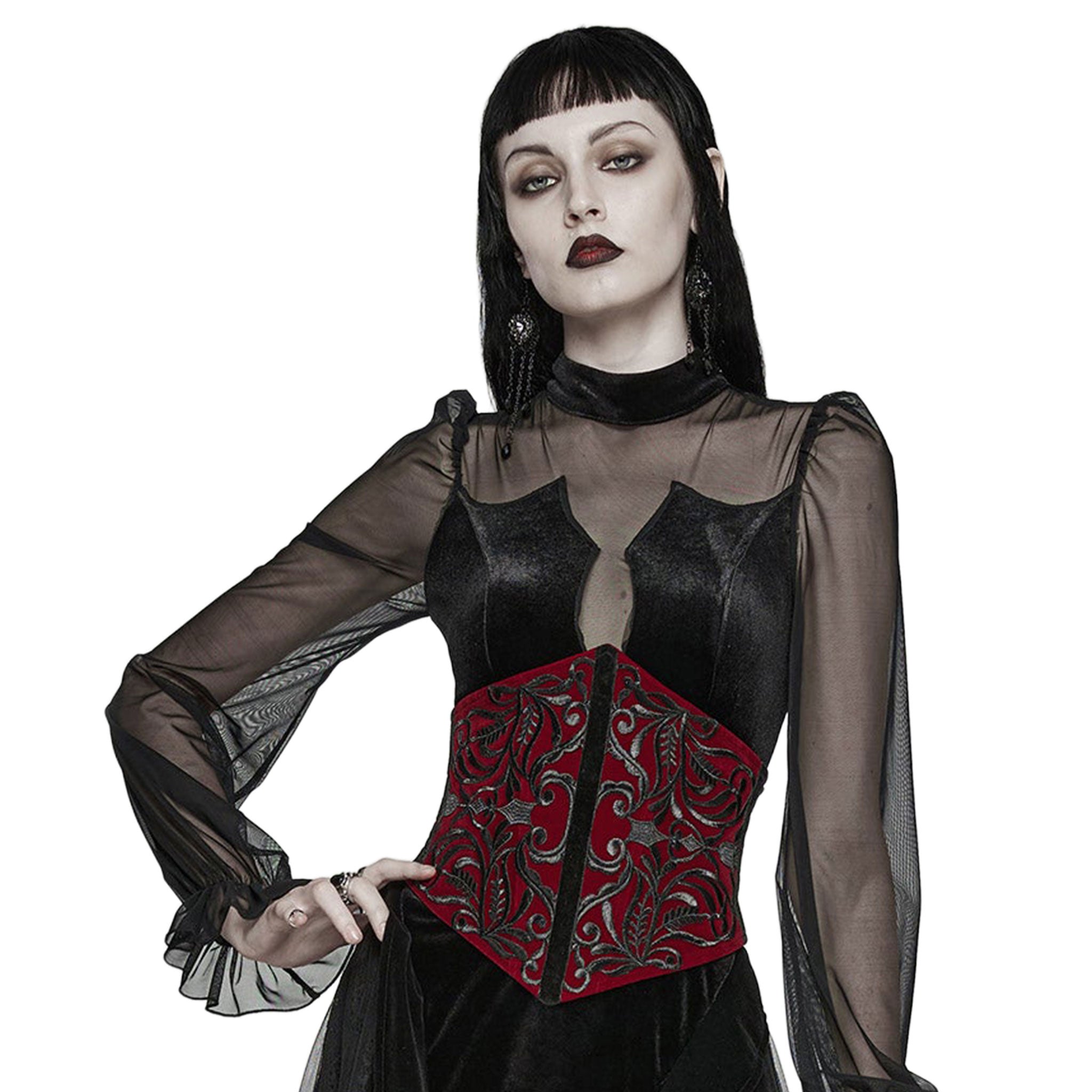Velvet cotton elastane polyester velvet-ribbon plastic apparel accessories top corset cincher underbust embroidered embroidery velvet-ribbon drawstring lace-up boning support-boning back-zip zipper retro vintage opulent elegance fetish fashion alt-fashion goth gothic goth-doll costume cosplay halloween halloween-couture female femme feminine womens red black