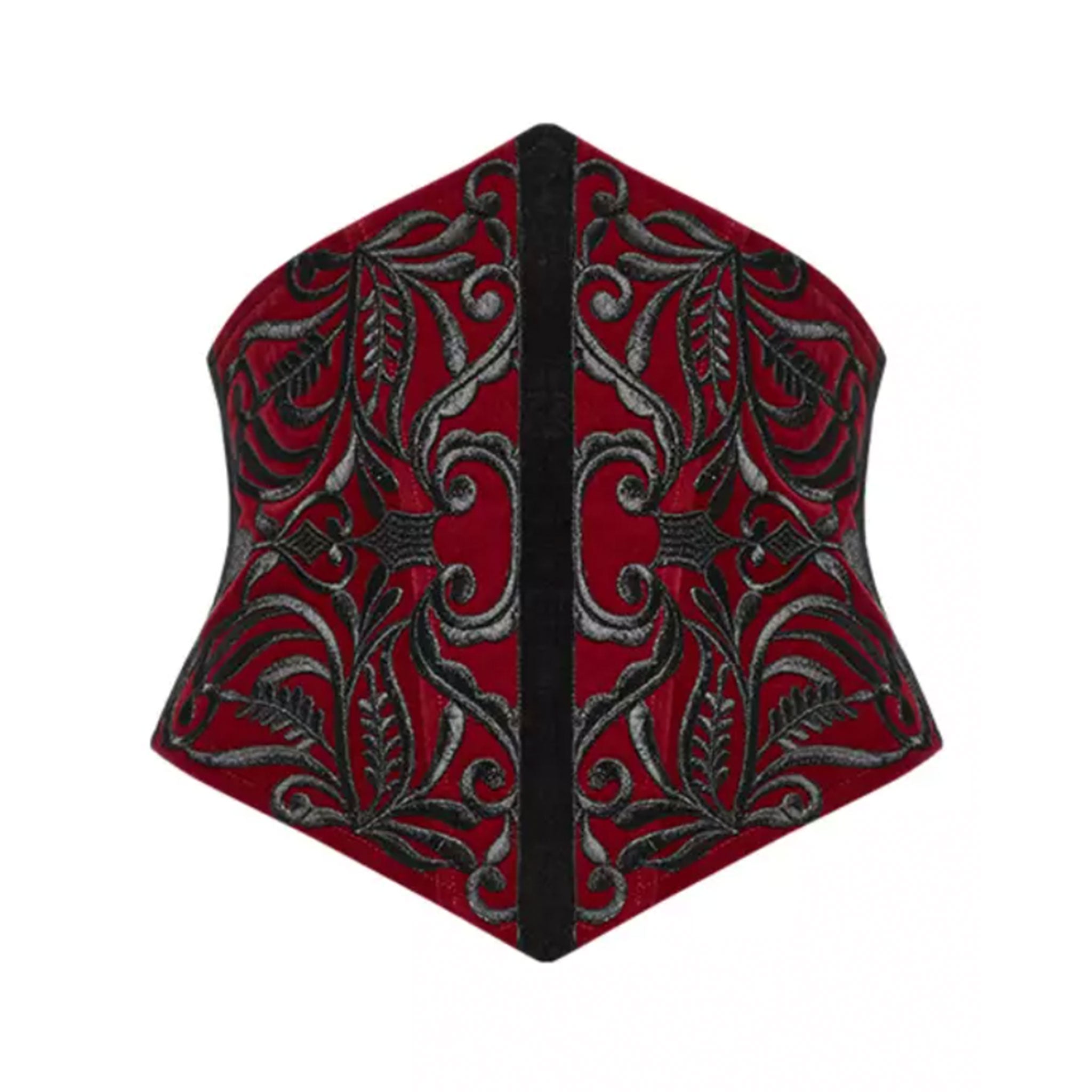 Velvet cotton elastane polyester velvet-ribbon plastic apparel accessories top corset cincher underbust embroidered embroidery velvet-ribbon drawstring lace-up boning support-boning back-zip zipper retro vintage opulent elegance fetish fashion alt-fashion goth gothic goth-doll costume cosplay halloween halloween-couture female femme feminine womens red black