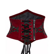 Velvet cotton elastane polyester velvet-ribbon plastic apparel accessories top corset cincher underbust embroidered embroidery velvet-ribbon drawstring lace-up boning support-boning back-zip zipper retro vintage opulent elegance fetish fashion alt-fashion goth gothic goth-doll costume cosplay halloween halloween-couture female femme feminine womens red black