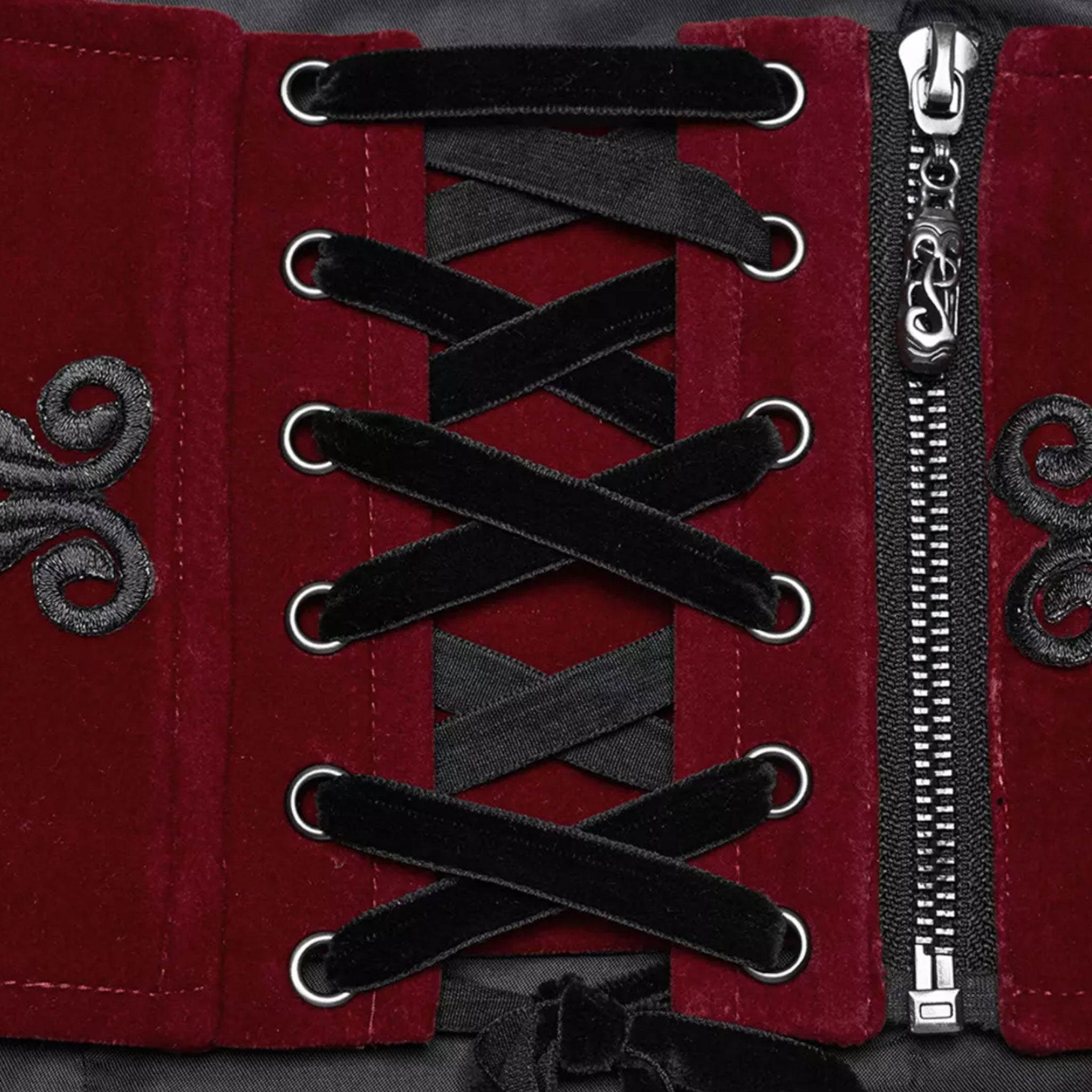 Velvet cotton elastane polyester velvet-ribbon plastic apparel accessories top corset cincher underbust embroidered embroidery velvet-ribbon drawstring lace-up boning support-boning back-zip zipper retro vintage opulent elegance fetish fashion alt-fashion goth gothic goth-doll costume cosplay halloween halloween-couture female femme feminine womens red black