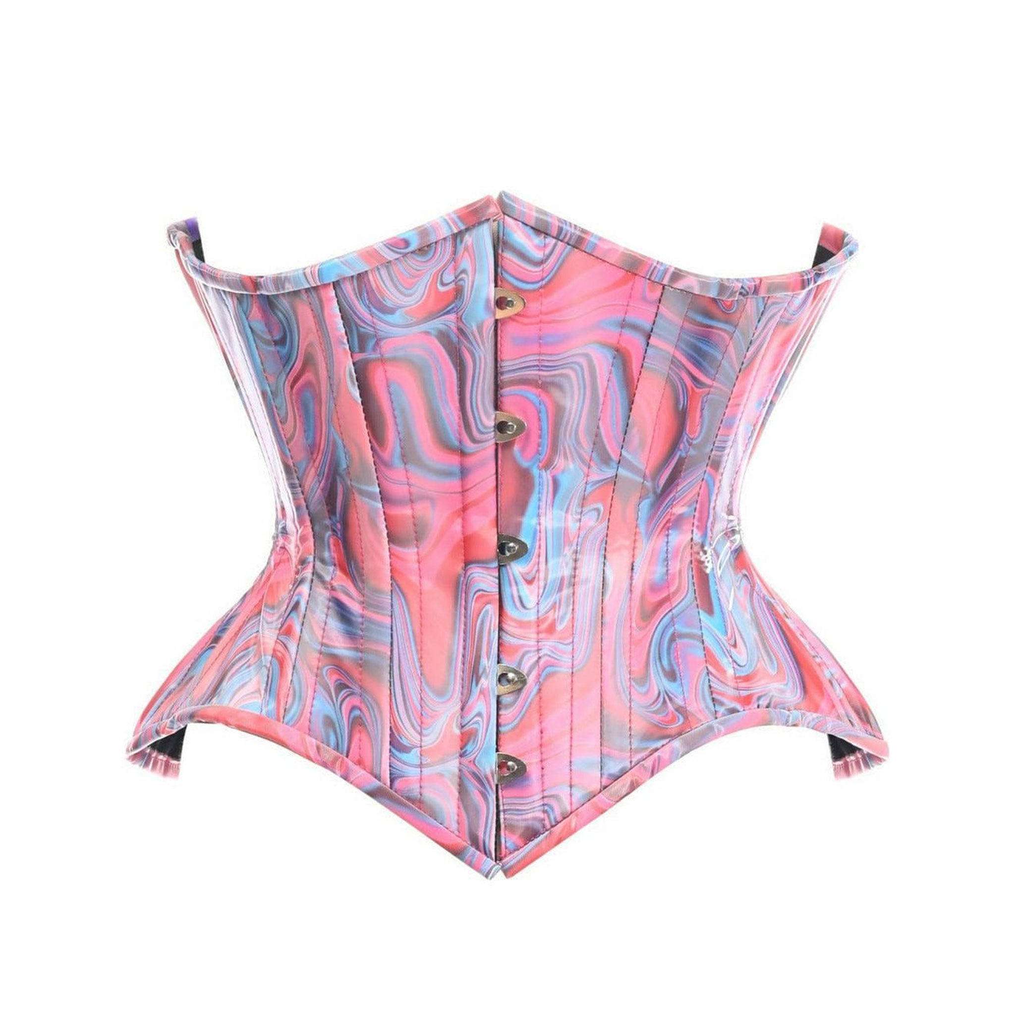 Synthetic-fabric cotton-twill twill-lining nylon-cording nickel-brass apparel corset cincher under-bust underbust garter-loops modesty-panel support steel-boning spiral-boning static-boning water-resistant waist-cinching waist-training waist-shaping front-busk busk-closure back-lacing lace-up sexy swirling psychedelic fetish fashion alt-fashion rave raver-babe festivalwear clubwear retro gifts costume cosplay halloween female femme feminine women multicolor 