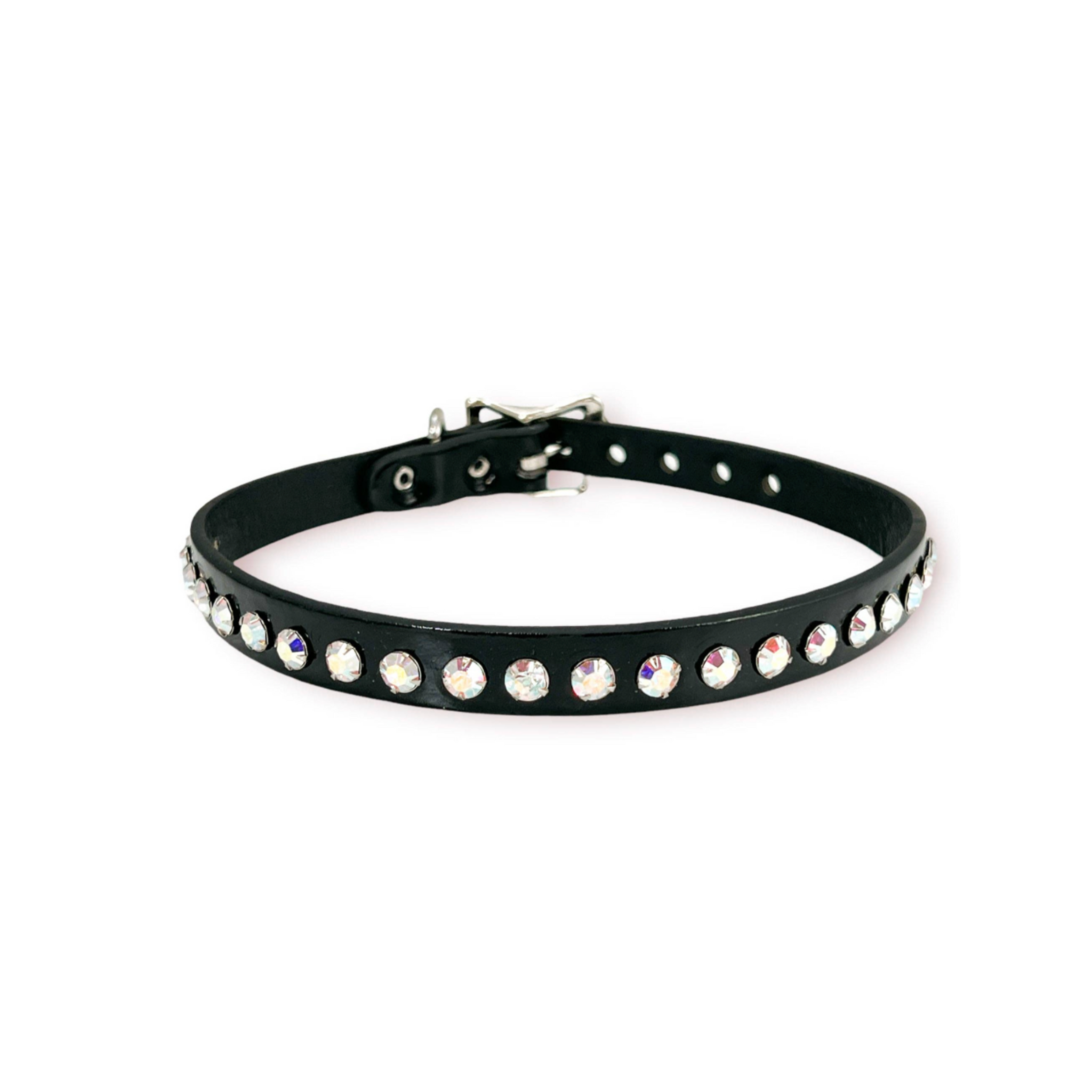 black patent leather rhinestone choker collar with colored stones glossy gothic punk fetish accessory adjustable buckle