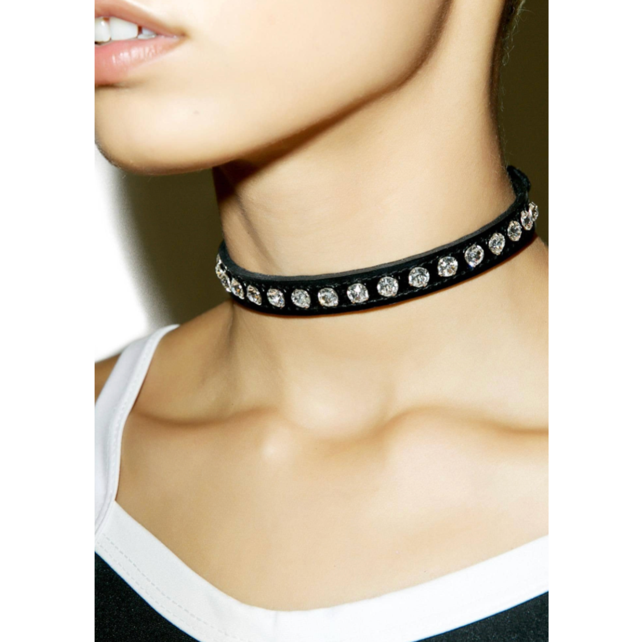 black patent leather rhinestone choker collar with colored stones glossy gothic punk fetish accessory adjustable buckle