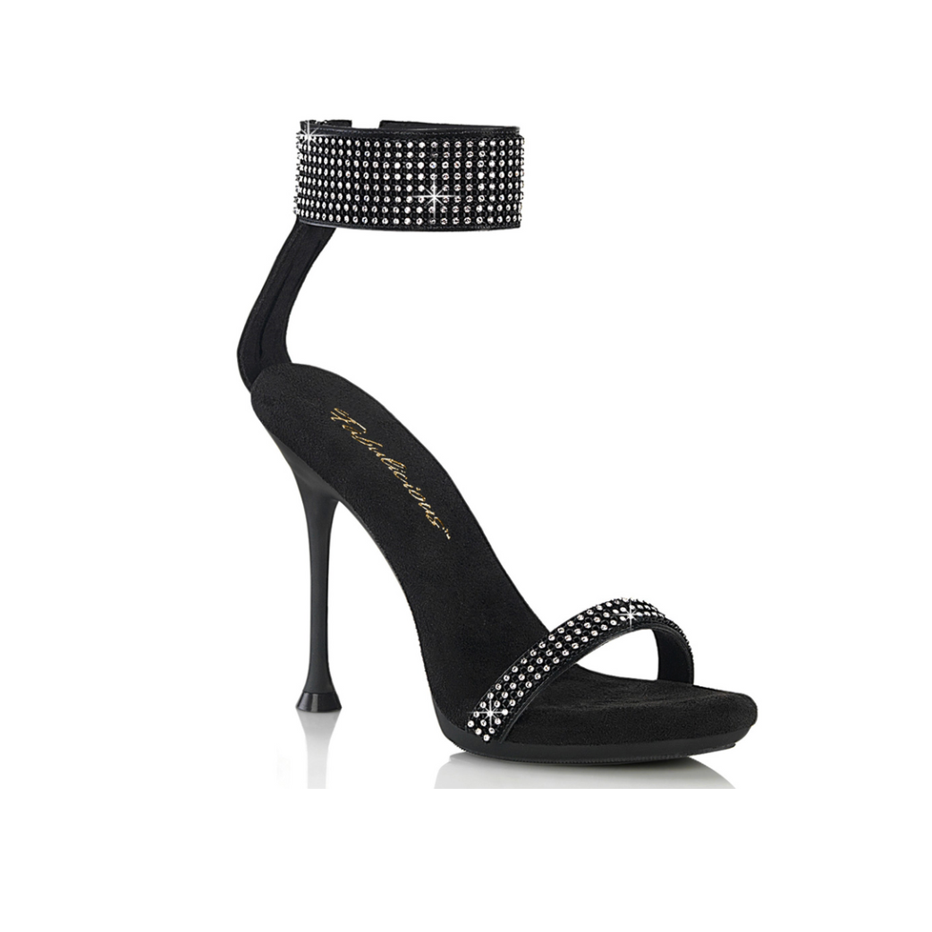 rhinestone ankle cuff thin strap stiletto sandals black high heel glitter sparkle sexy fetish footwear with toe strap back zip closure mini platform 4.5 inch heels fetish factory