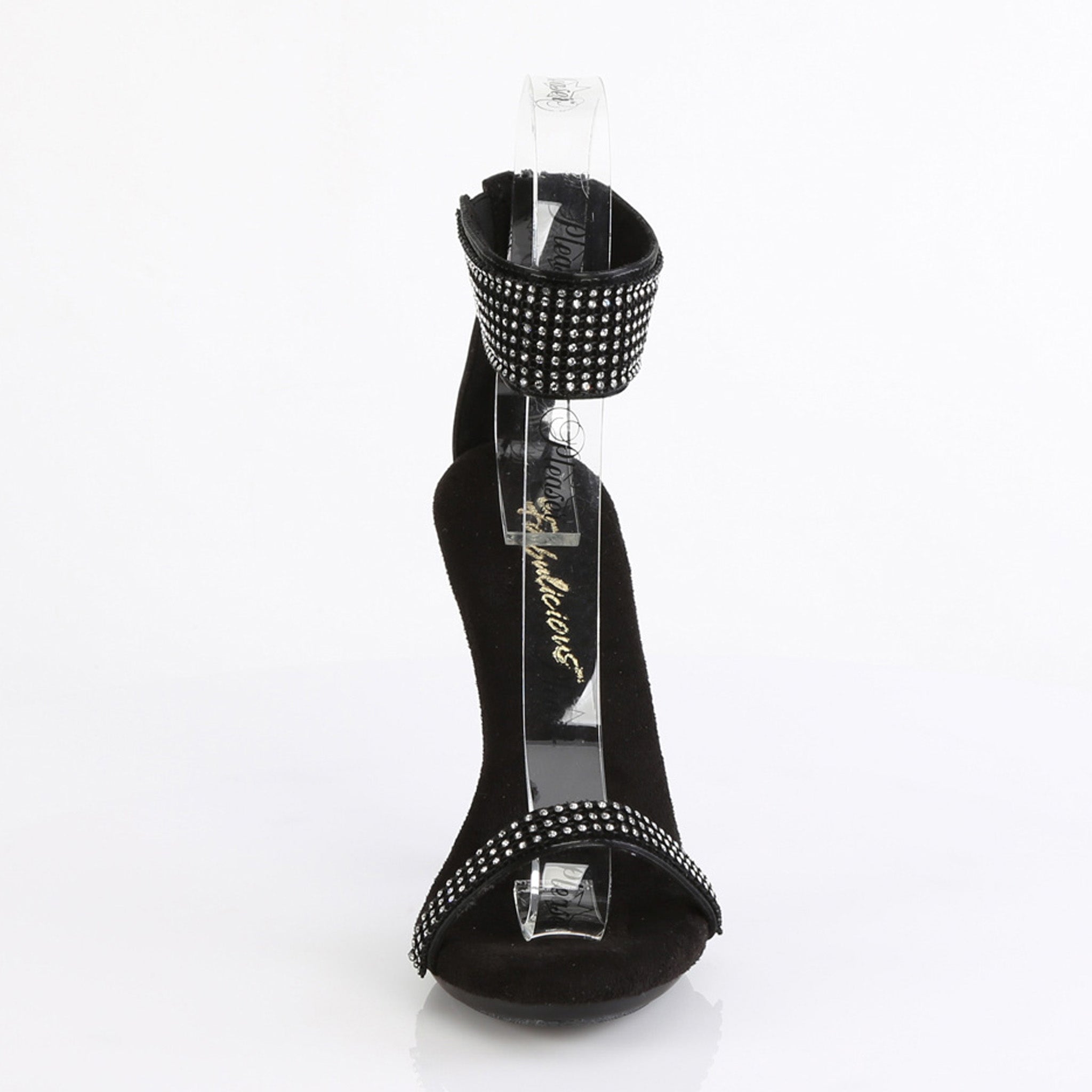 rhinestone ankle cuff thin strap stiletto sandals black high heel glitter sparkle sexy fetish footwear with toe strap back zip closure mini platform 4.5 inch heels fetish factory