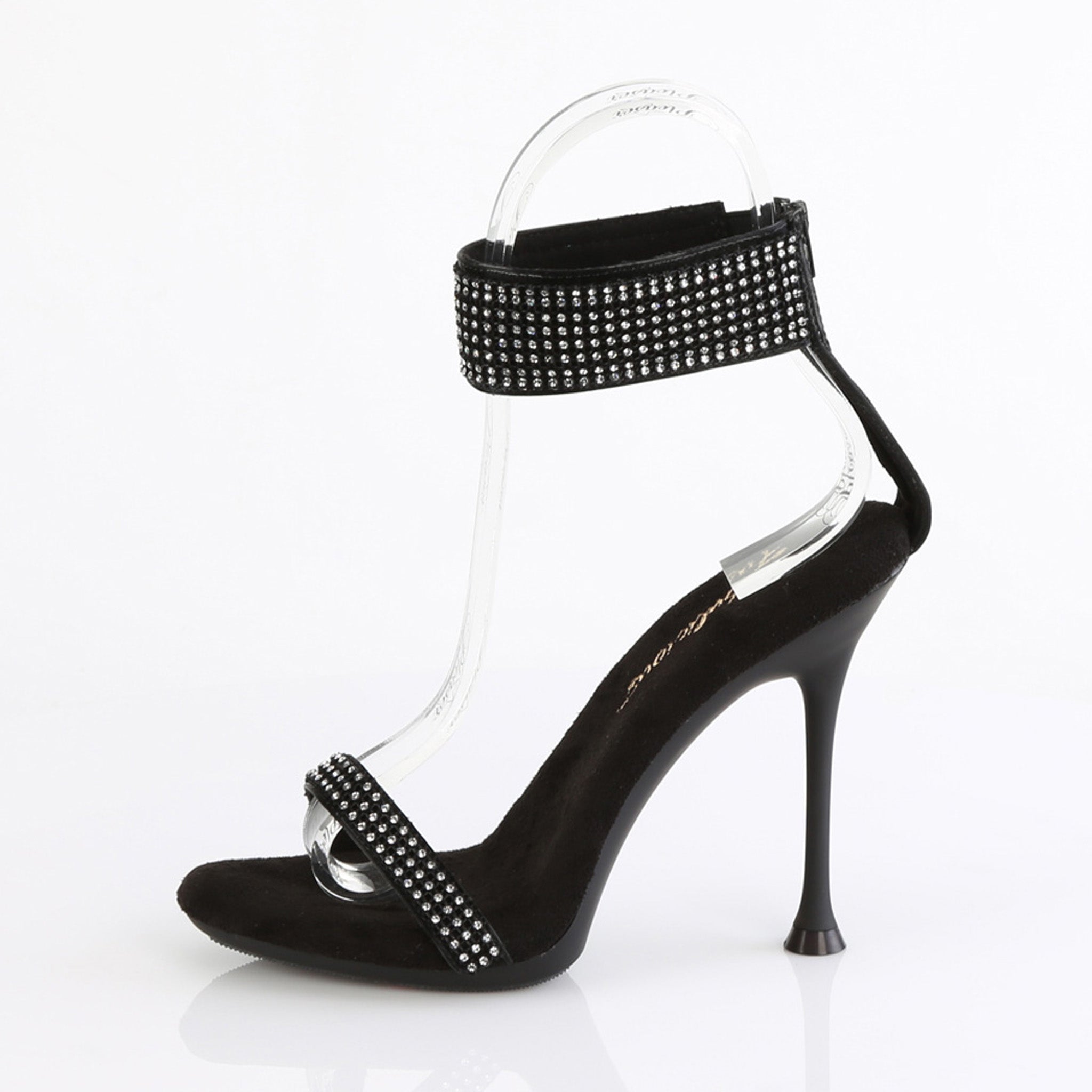 rhinestone ankle cuff thin strap stiletto sandals black high heel glitter sparkle sexy fetish footwear with toe strap back zip closure mini platform 4.5 inch heels fetish factory