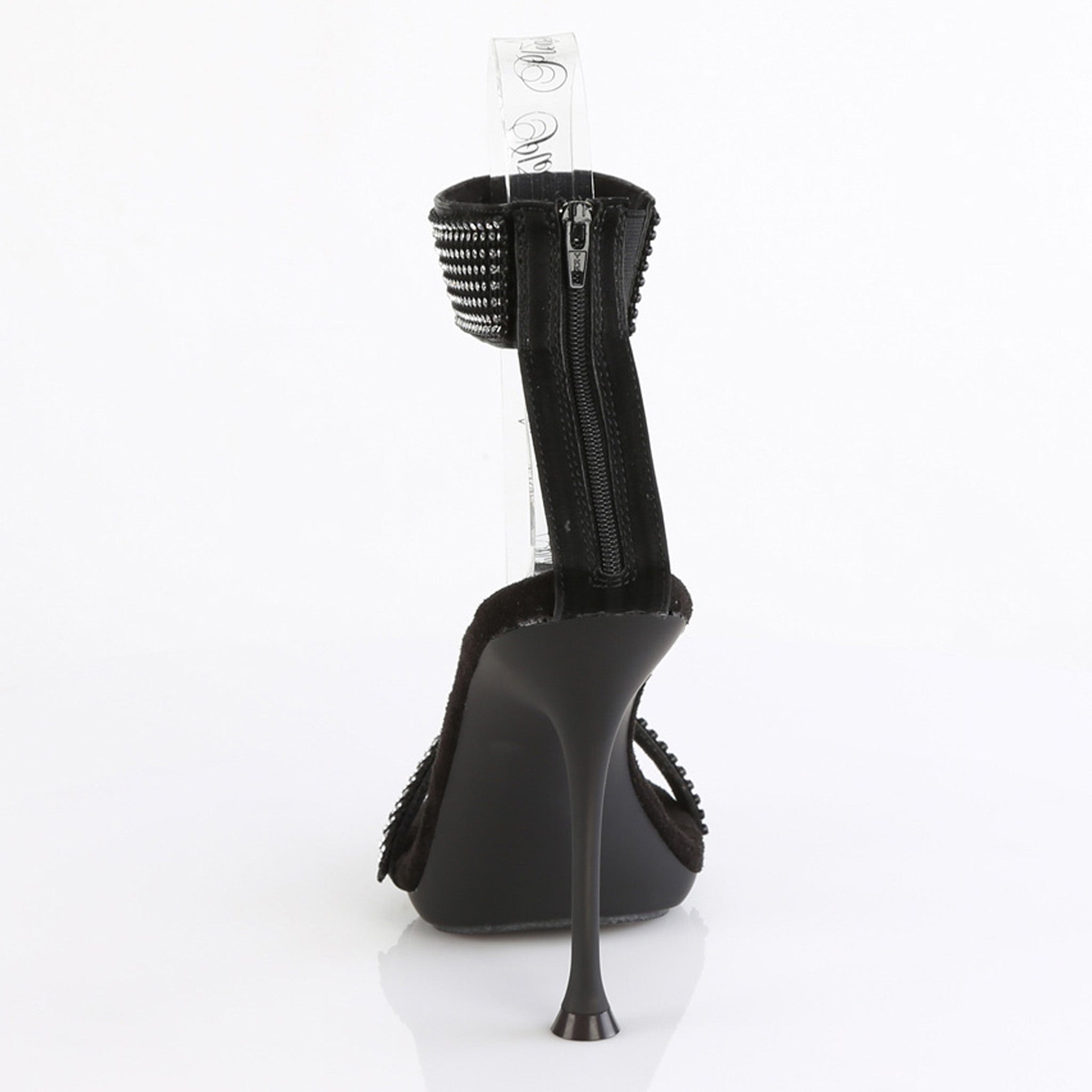 rhinestone ankle cuff thin strap stiletto sandals black high heel glitter sparkle sexy fetish footwear with toe strap back zip closure mini platform 4.5 inch heels fetish factory