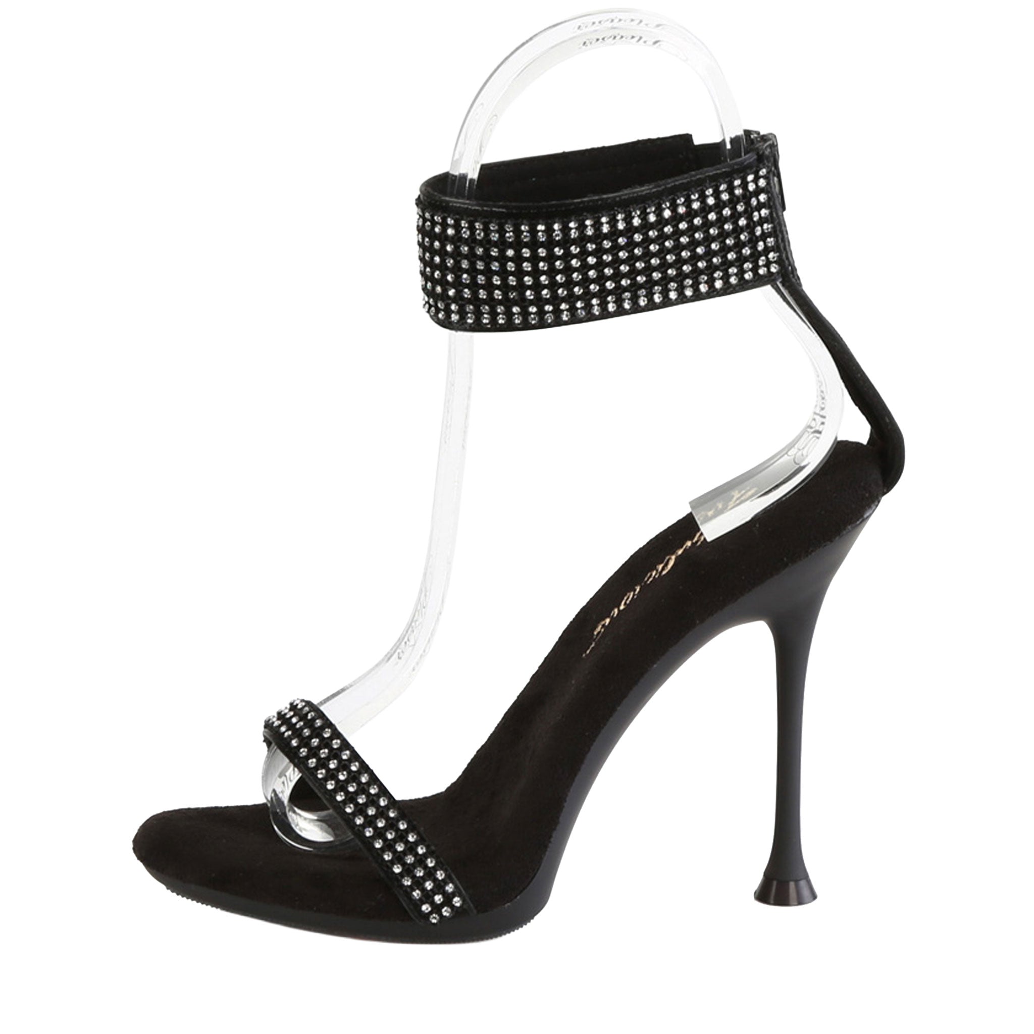 Synthetic man-made rhinestones accessories footwear shoes sandals high-heel stiletto-heel ankle-cuff open-toe over-the-toe cushioned-insole back-zip zipper mini-platform glitter sparkle sexy comfort strut fetish fashion alt-fashion classy dresswear fancy foot-fetish foot arch female femme feminine womens black