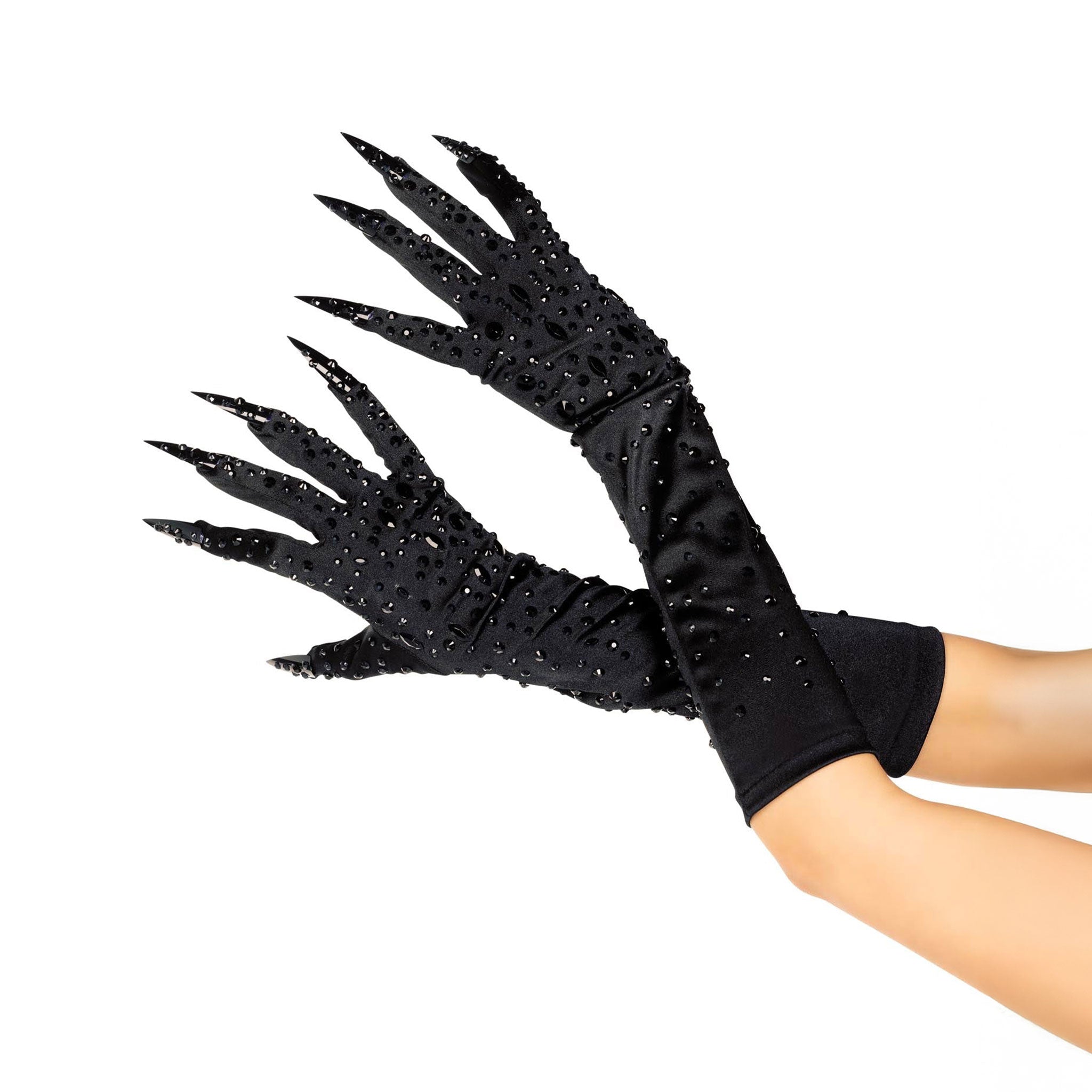 Satin polyester plastic rhinestones accessories gloves elbow-length soft shimmering shiny glossy comfortable stunning glam glamorous fierce daring sinful gorgeous cute creepy elegant costume cosplay halloween demon devil villain catwoman cat-woman femme-fatale goth gothic wicked sexy evil fun sensory-play unisex black