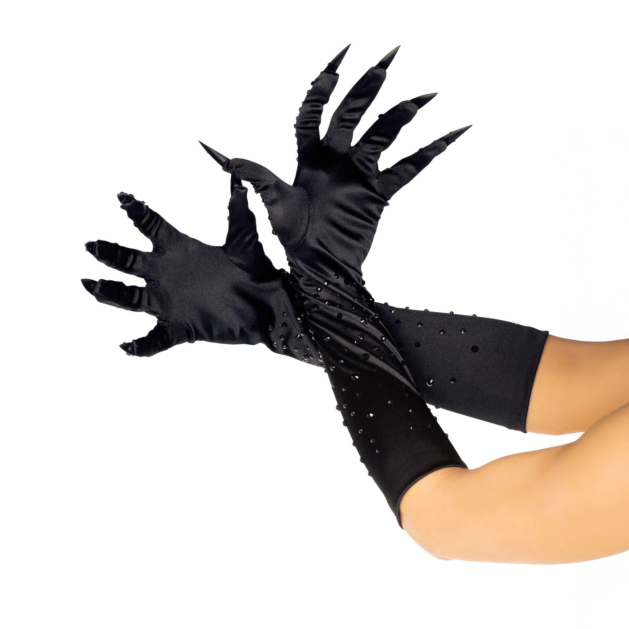 Satin polyester plastic rhinestones accessories gloves elbow-length soft shimmering shiny glossy comfortable stunning glam glamorous fierce daring sinful gorgeous cute creepy elegant costume cosplay halloween demon devil villain catwoman cat-woman femme-fatale goth gothic wicked sexy evil fun sensory-play unisex black