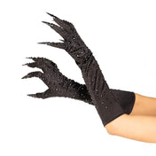 Satin polyester plastic rhinestones accessories gloves elbow-length soft shimmering shiny glossy comfortable stunning glam glamorous fierce daring sinful gorgeous cute creepy elegant costume cosplay halloween demon devil villain catwoman cat-woman femme-fatale goth gothic wicked sexy evil fun sensory-play unisex black
