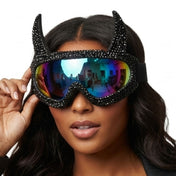 Plastic elastic-band rhinestones accessories headgear eyewear mask goggles ski-goggles snowboarding snowboarder lens polycarbonate-lens devil-horns foam-padded full-rim lightweight adjustable reflective mirrored fetish fashion alt-fashion rave ravewear raver-babe festival costume cosplay halloween halloween-accessories unisex black iridescent