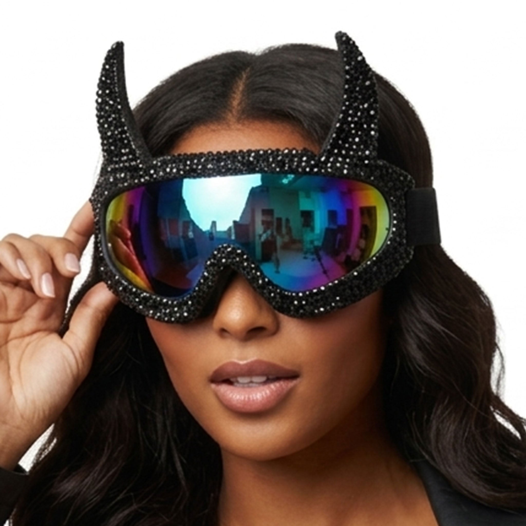 Plastic elastic-band rhinestones accessories headgear eyewear mask goggles ski-goggles snowboarding snowboarder lens polycarbonate-lens devil-horns foam-padded full-rim lightweight adjustable reflective mirrored fetish fashion alt-fashion rave ravewear raver-babe festival costume cosplay halloween halloween-accessories unisex black iridescent
