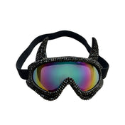 Plastic elastic-band rhinestones accessories headgear eyewear mask goggles ski-goggles snowboarding snowboarder lens polycarbonate-lens devil-horns foam-padded full-rim lightweight adjustable reflective mirrored fetish fashion alt-fashion rave ravewear raver-babe festival costume cosplay halloween halloween-accessories unisex black iridescent