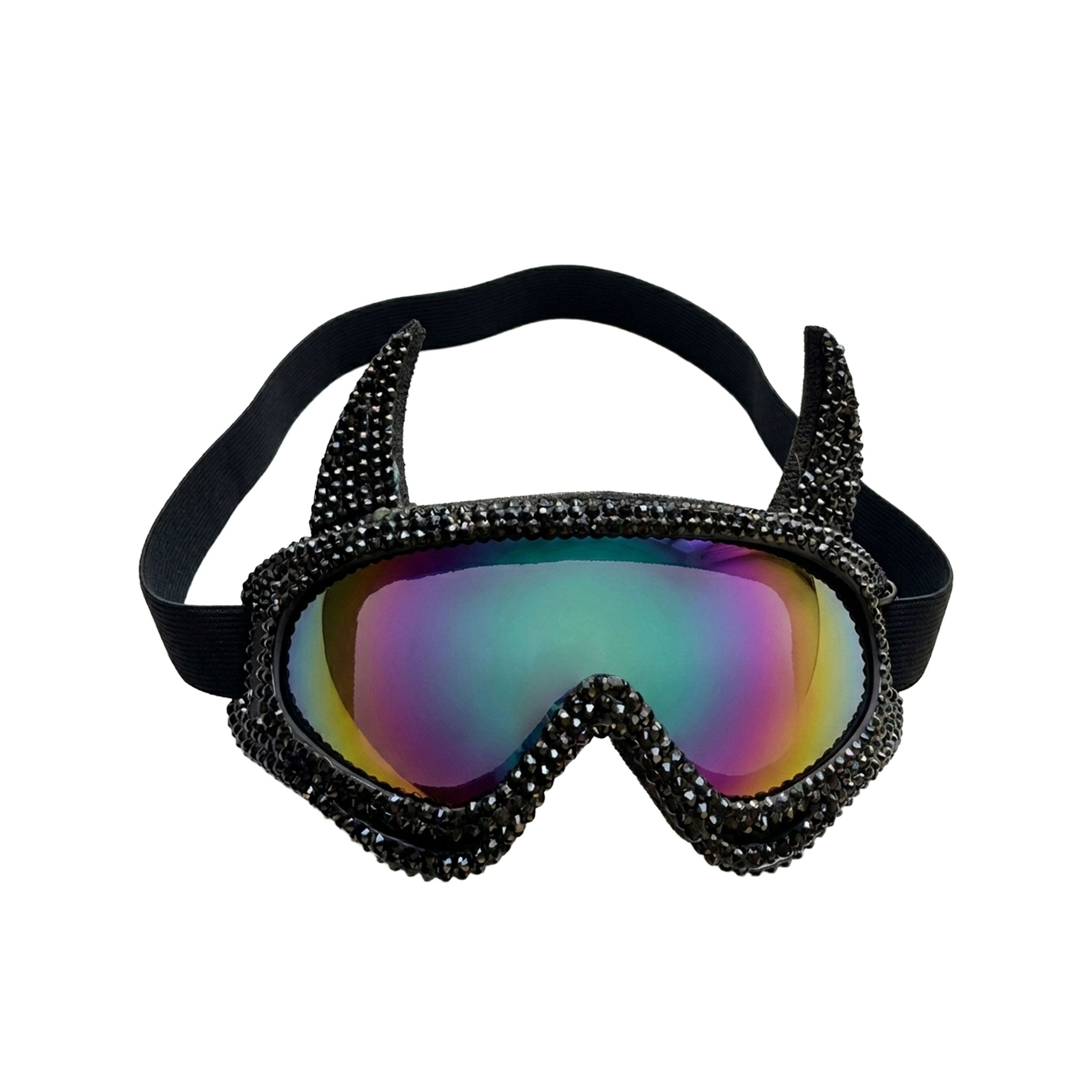 Plastic elastic-band rhinestones accessories headgear eyewear mask goggles ski-goggles snowboarding snowboarder lens polycarbonate-lens devil-horns foam-padded full-rim lightweight adjustable reflective mirrored fetish fashion alt-fashion rave ravewear raver-babe festival costume cosplay halloween halloween-accessories unisex black iridescent
