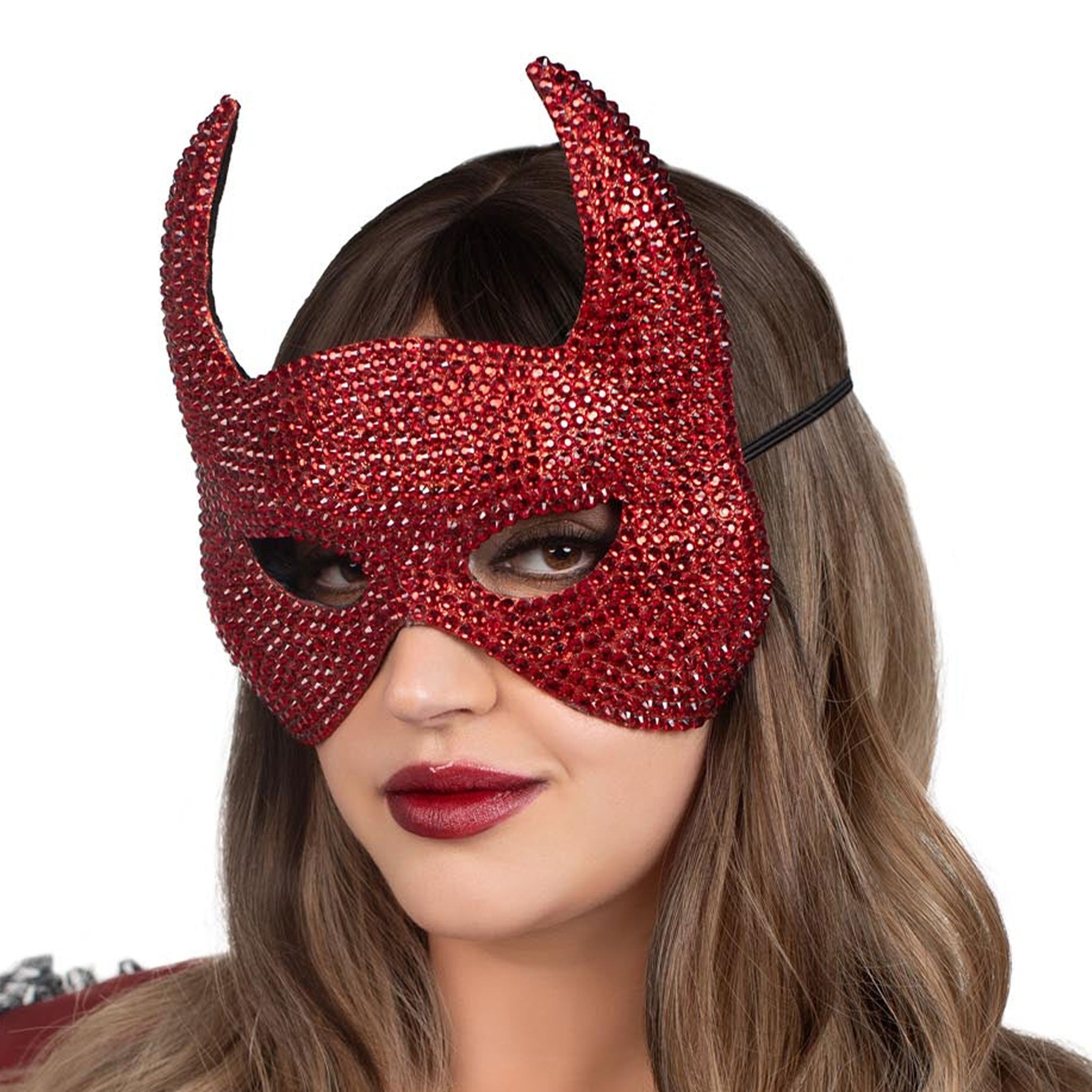 Plastic molded-plastic rhinestones felt elastic accessories mask half-mask horns horned curved-horns tall-horns soft-backing felt-backing sexy shiny shimmering striking stretchy glam glamorous ultra-glam daring cute sinful costume cosplay masquerade halloween devil demon hell hellbound carnival DIY do-it-yourself female femme feminine women red ruby-red