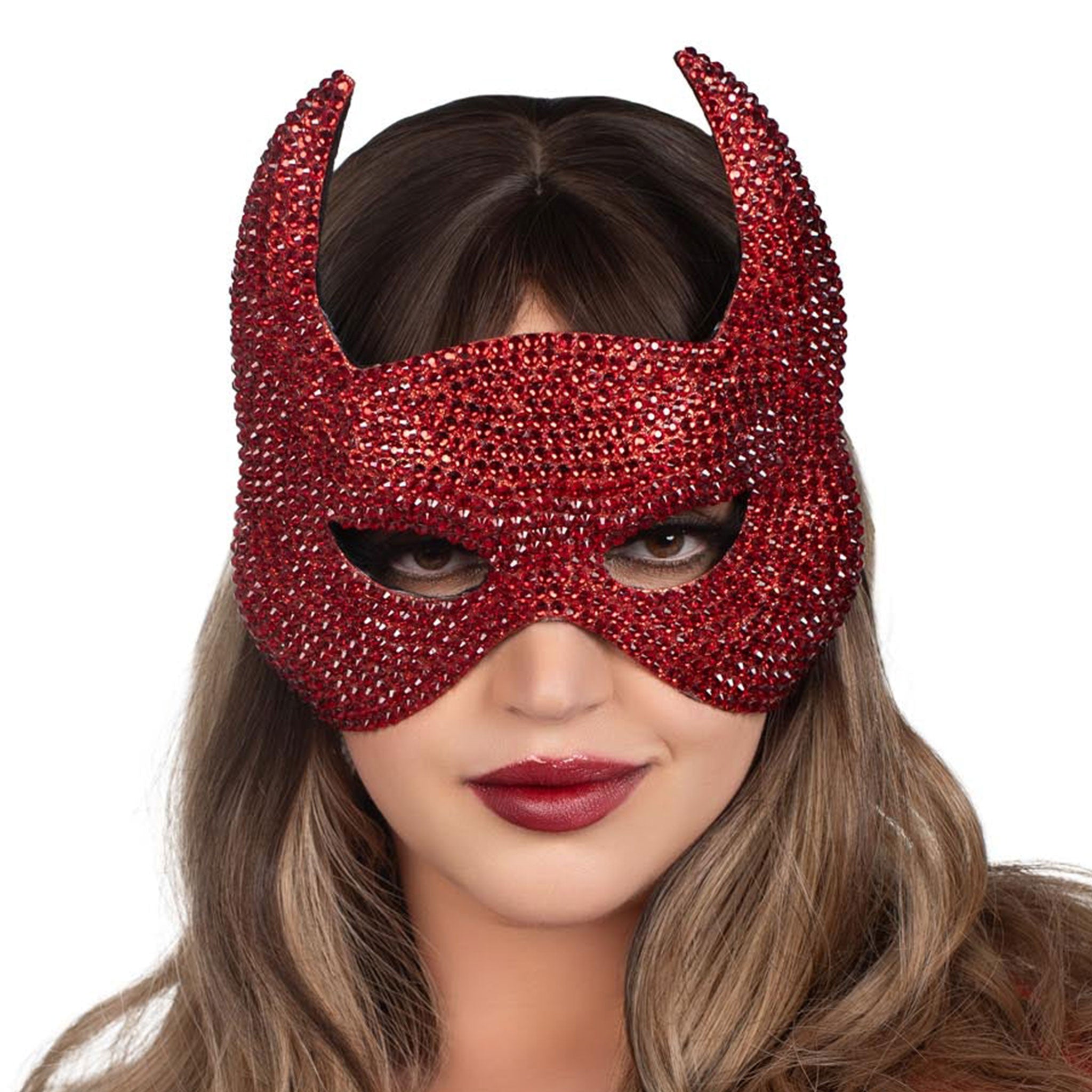 Plastic molded-plastic rhinestones felt elastic accessories mask half-mask horns horned curved-horns tall-horns soft-backing felt-backing sexy shiny shimmering striking stretchy glam glamorous ultra-glam daring cute sinful costume cosplay masquerade halloween devil demon hell hellbound carnival DIY do-it-yourself female femme feminine women red ruby-red