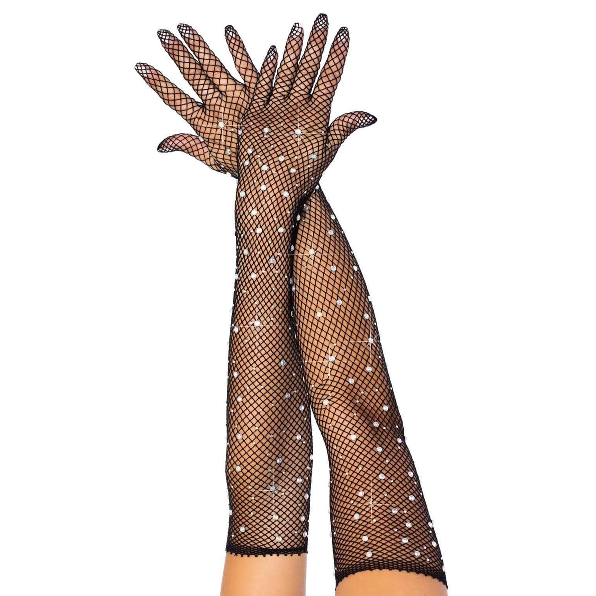 Nylon spandex elastane gloves long opera opera-length fishnet fish-net fish net rhinestones sparkling stretchy glam costume cosplay holiday halloween valentines accessories gift gifts black