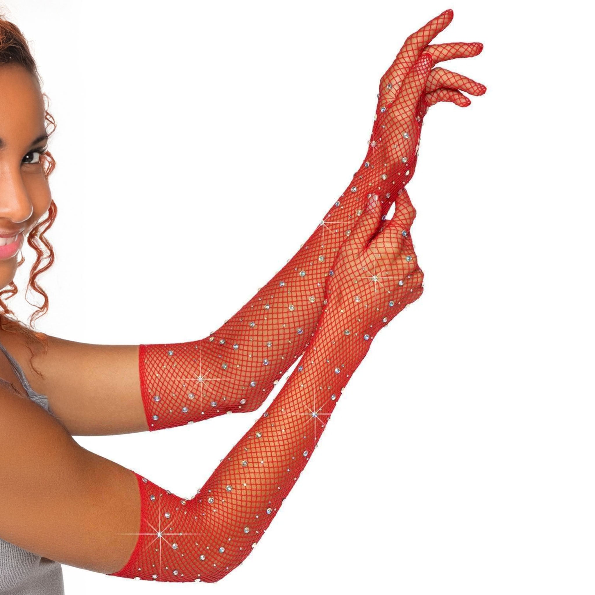 Nylon spandex elastane gloves long opera opera-length fishnet fish-net fish net rhinestones sparkling stretchy glam costume cosplay holiday halloween valentines accessories gift gifts red