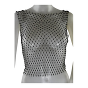 Rhinestone fishnet top, sleeveless, sheer black, glittery, festival outfit, clubwear, sexy layering piece.