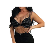 Rhinestone fishnet top, sleeveless, sheer black, glittery, festival outfit, clubwear, sexy layering piece.