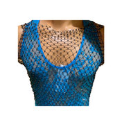 Rhinestone fishnet top, sleeveless, sheer black, glittery, festival outfit, clubwear, sexy layering piece.