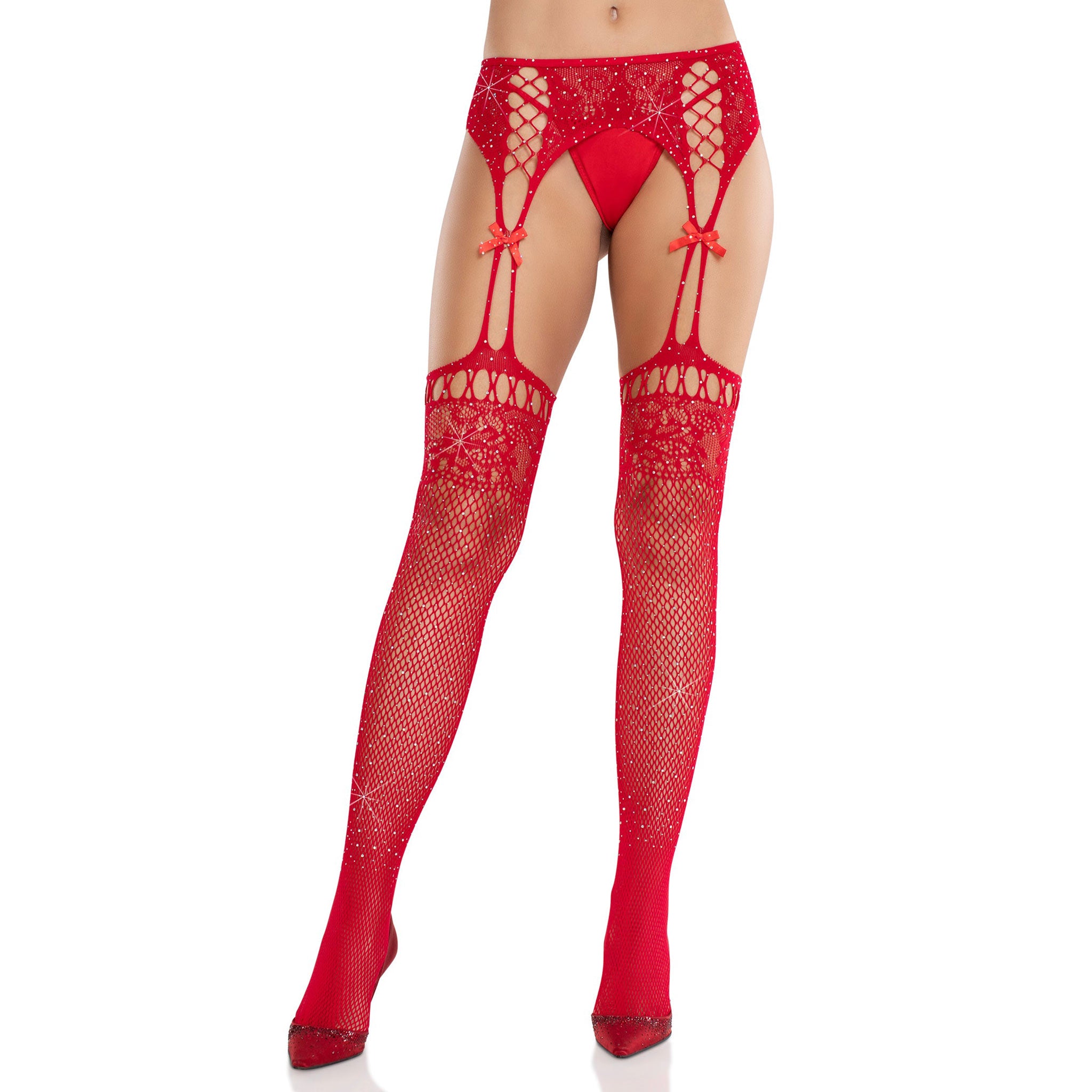 Nylon spandex hosiery stockings fishnet fish-net fish net breathable stretchy thigh-high thigh high rhinestones hand-laid garter belt attached crotchless open crotch lace-top lace top mini bow lingerie intimates red