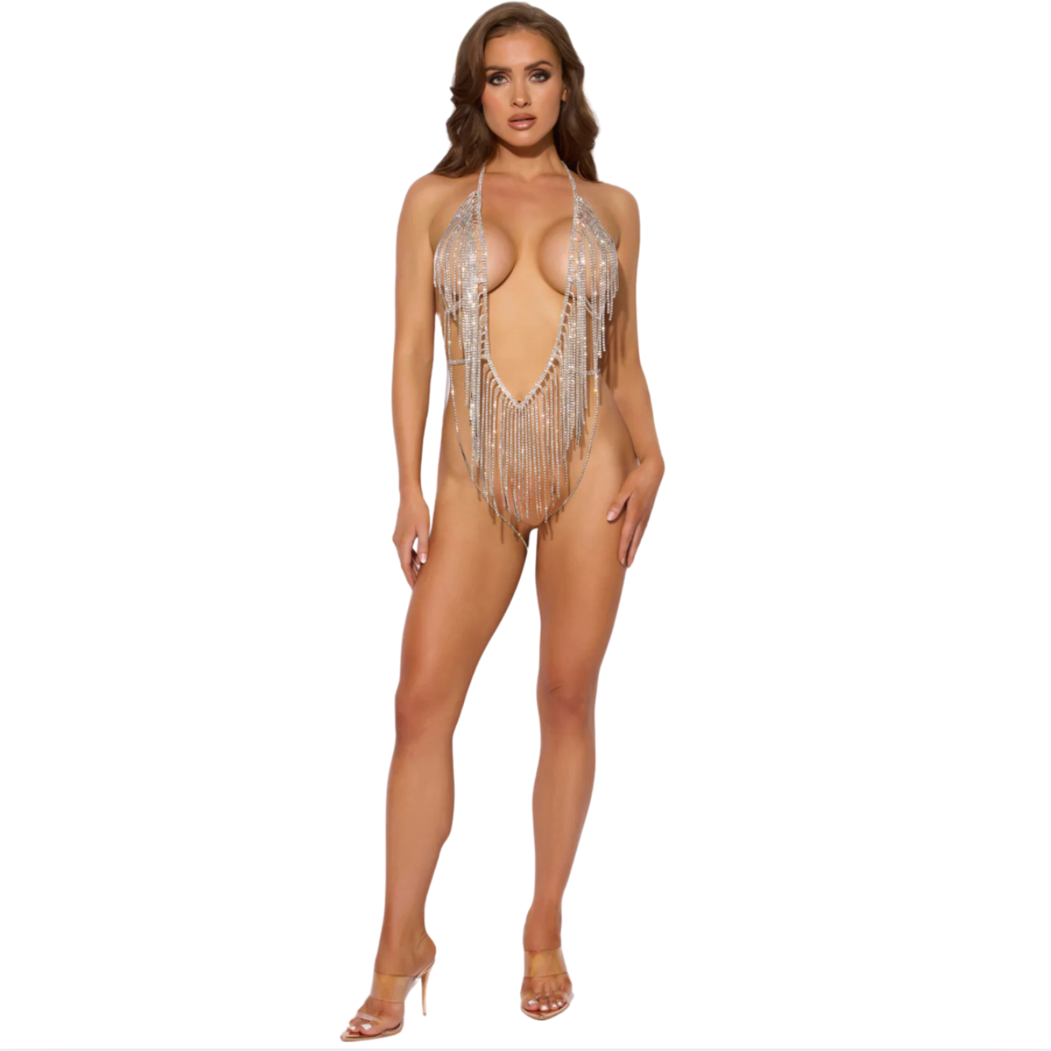 rhinestone plunge fringe teddy one size deep cut mesh sparkle lingerie Fetish Factory sexy dazzling sparkly barely-there fit