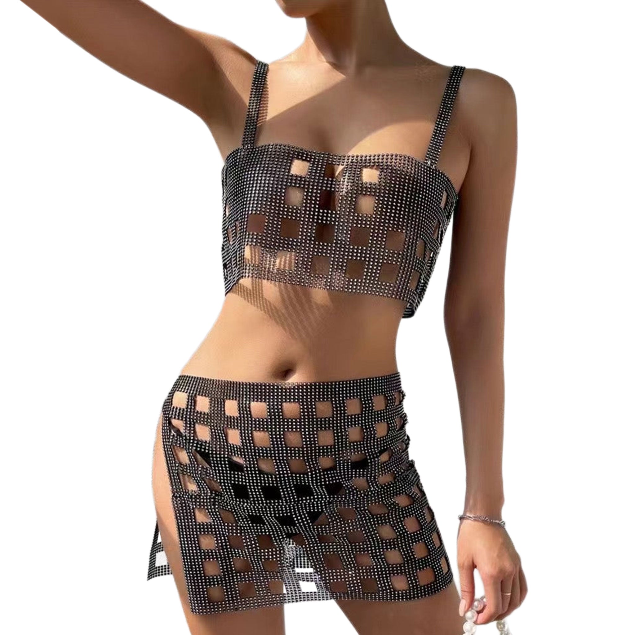 Rhinestones plastic nylon see-through see-thru metallic-chain apparel outfit-set wide-grid 2-piece top crop-top lobster-clasp back-closure skirt mini-skirt miniskirt shiny sparkling shimmering breathable luxurious show-stopper fetish fashion alt-fashion dancewear clubwear ravewear raver-babe party festival costume cosplay female femme feminine womens black