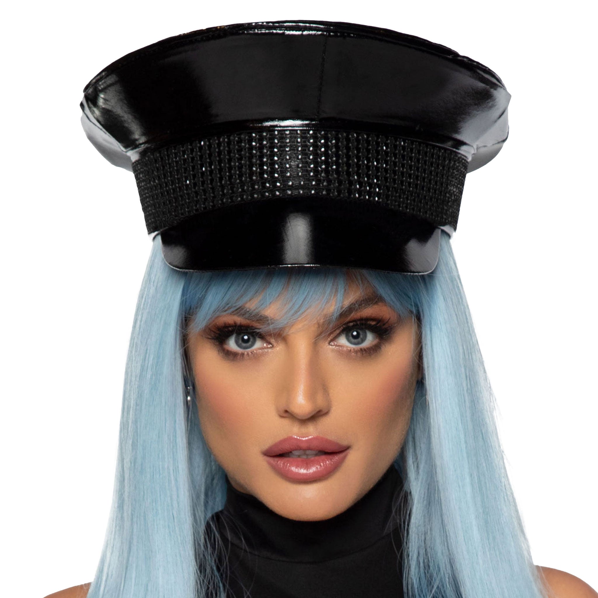 S black wet look shiny PVC PU rhinestone trim round flat top fetish glam military cap costume accessory Fetish Factory