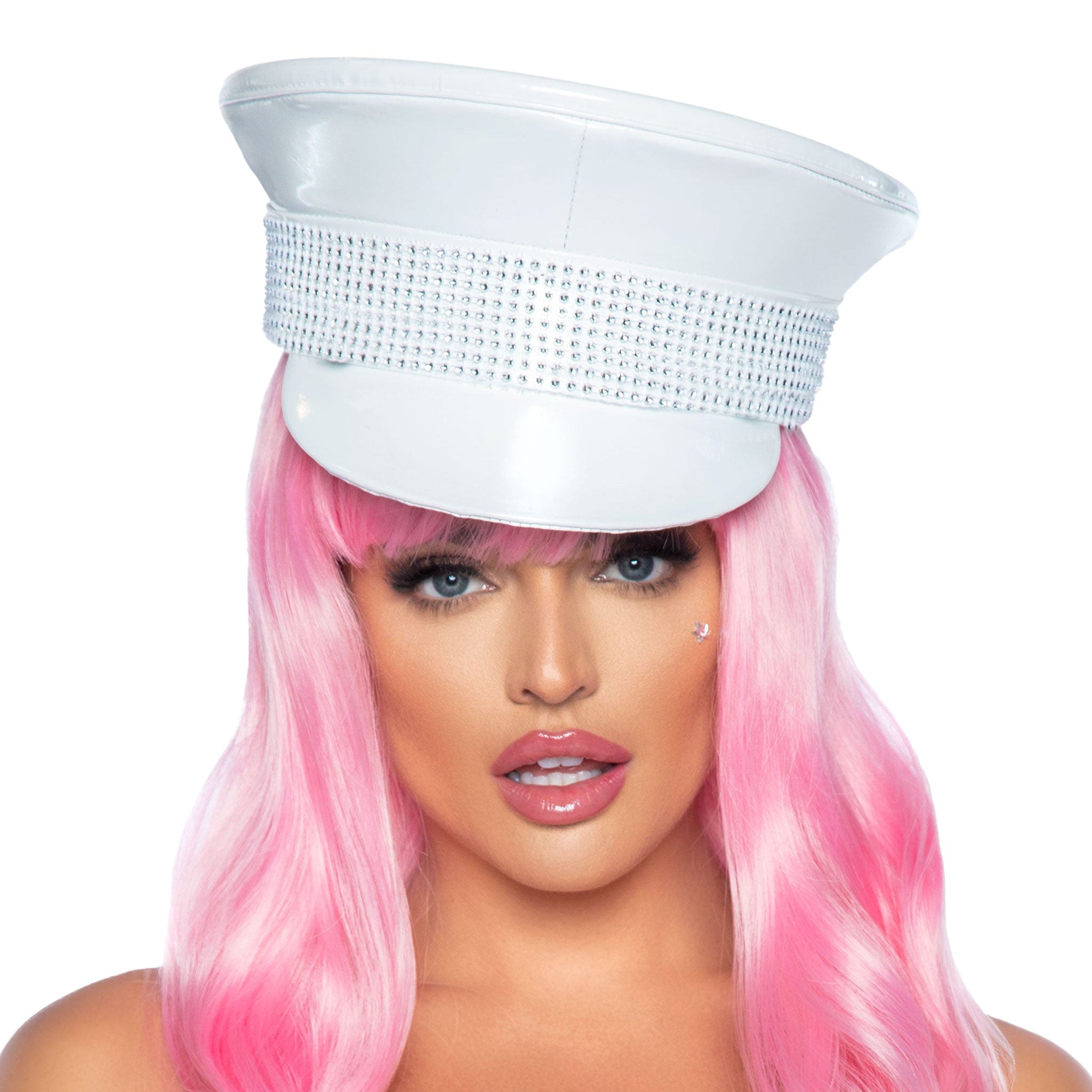 S black wet look shiny PVC PU rhinestone trim round flat top fetish glam military cap costume accessory Fetish Factory