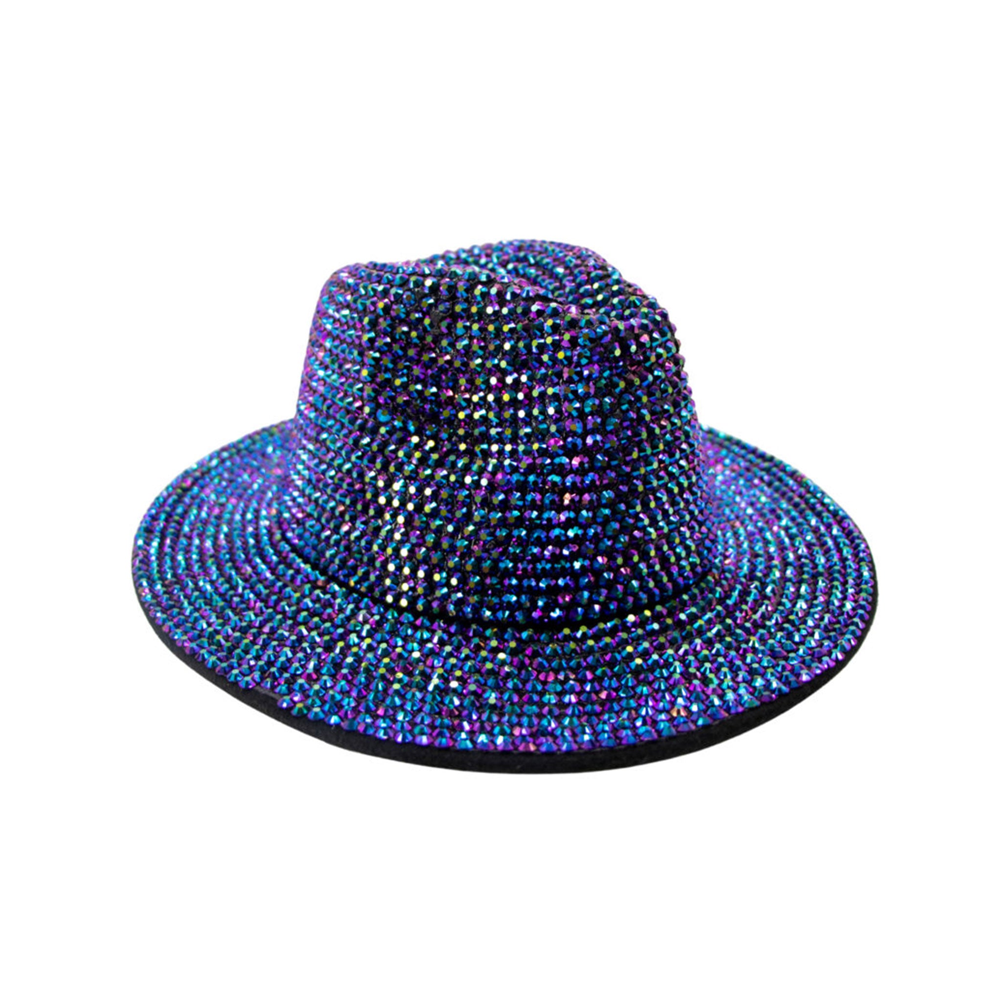 Felt cotton polyester rhinestone accessories headgear head-gear hat fedora jazz-hat jazz-party fashion alt-fashion rave raver-babe ravewear festivalwear costume cosplay halloween drip-and-dazzle eyekndy valentines gifts unisex pride gay lgbtq purple blue holographic
