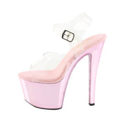 PVC vinyl chrome footwear shoes heels sandal platform-heel stiletto-heel platform-stiletto platform-sandal stiletto-sandal ankle-strap adjustable buckle rhinestone ab-rhinestones aurora-borealis coating dazzling fashion fancy fairy magical superstar movie-star glamorous glamour female femme feminine women pink bubblegum-pink chrome clear transparent