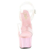 PVC vinyl chrome footwear shoes heels sandal platform-heel stiletto-heel platform-stiletto platform-sandal stiletto-sandal ankle-strap adjustable buckle rhinestone ab-rhinestones aurora-borealis coating dazzling fashion fancy fairy magical superstar movie-star glamorous glamour female femme feminine women pink bubblegum-pink chrome clear transparent