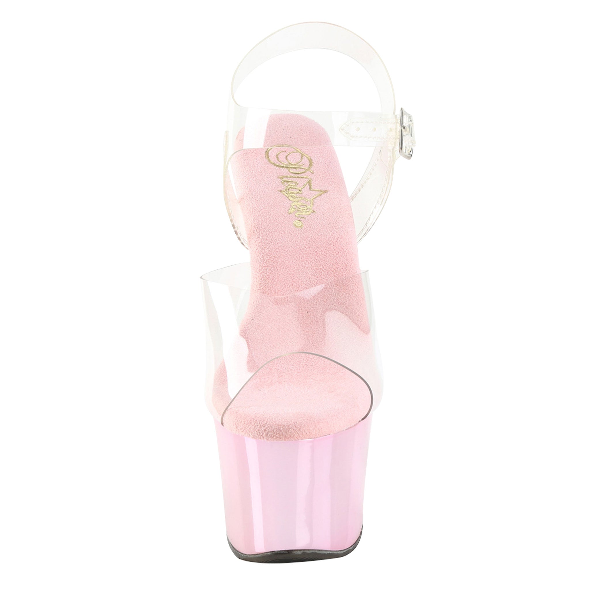 PVC vinyl chrome footwear shoes heels sandal platform-heel stiletto-heel platform-stiletto platform-sandal stiletto-sandal ankle-strap adjustable buckle rhinestone ab-rhinestones aurora-borealis coating dazzling fashion fancy fairy magical superstar movie-star glamorous glamour female femme feminine women pink bubblegum-pink chrome clear transparent