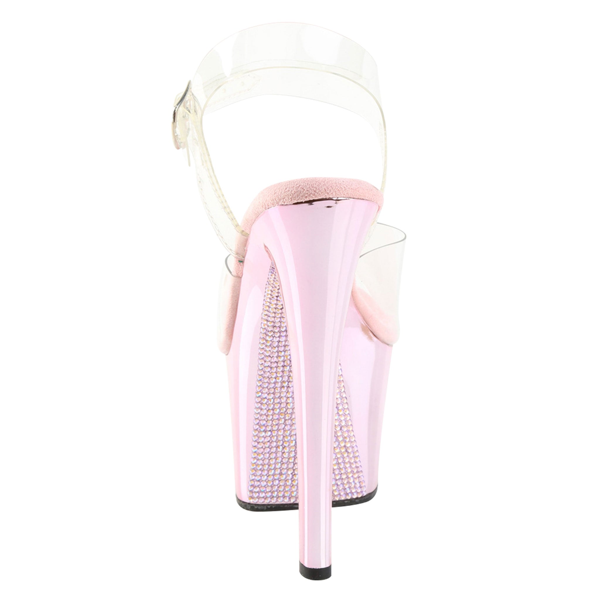 PVC vinyl chrome footwear shoes heels sandal platform-heel stiletto-heel platform-stiletto platform-sandal stiletto-sandal ankle-strap adjustable buckle rhinestone ab-rhinestones aurora-borealis coating dazzling fashion fancy fairy magical superstar movie-star glamorous glamour female femme feminine women pink bubblegum-pink chrome clear transparent